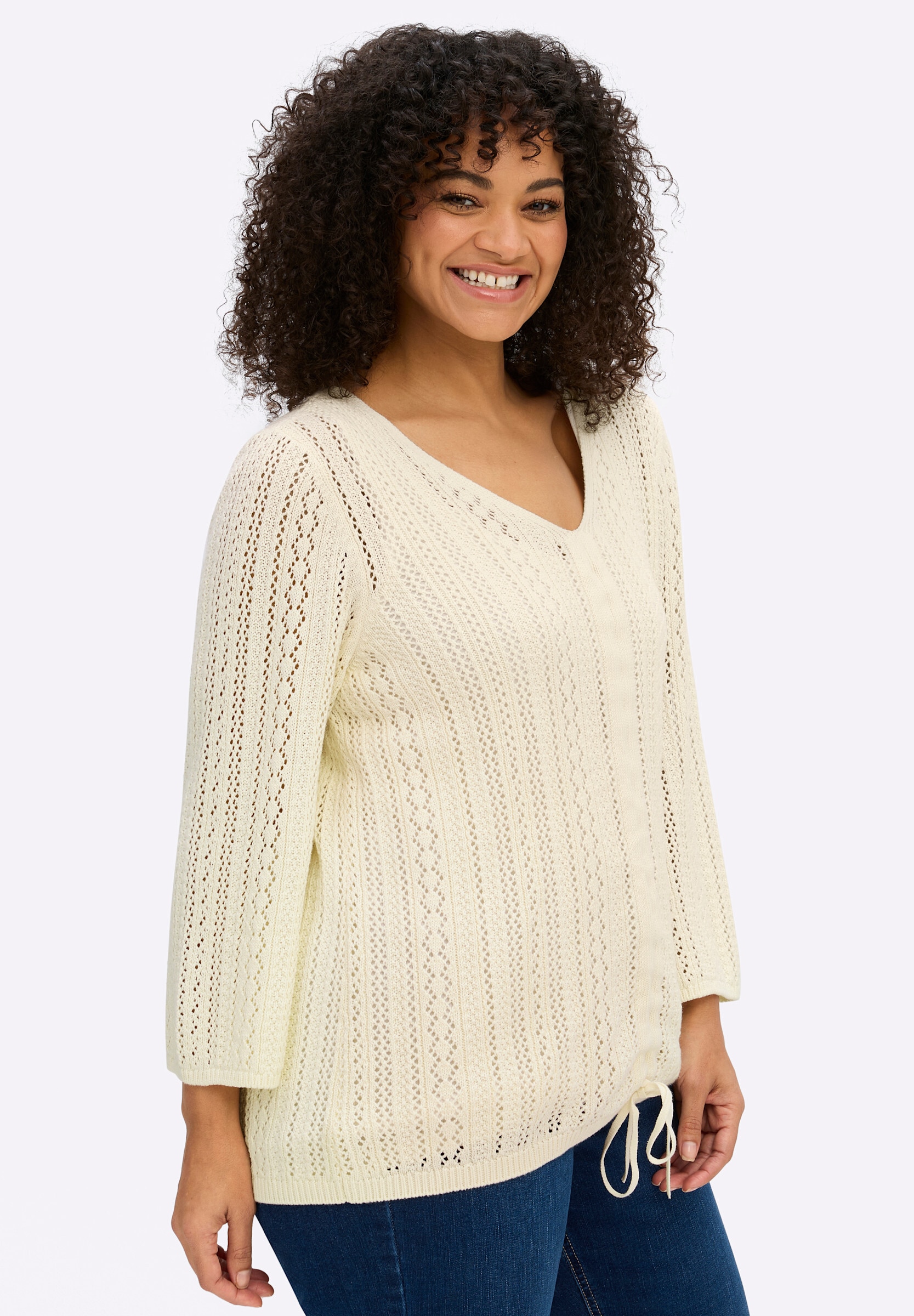Sheego Strickpullover »3/4-Arm-Pullover Ajourpullover mit Bindeband am Saum«