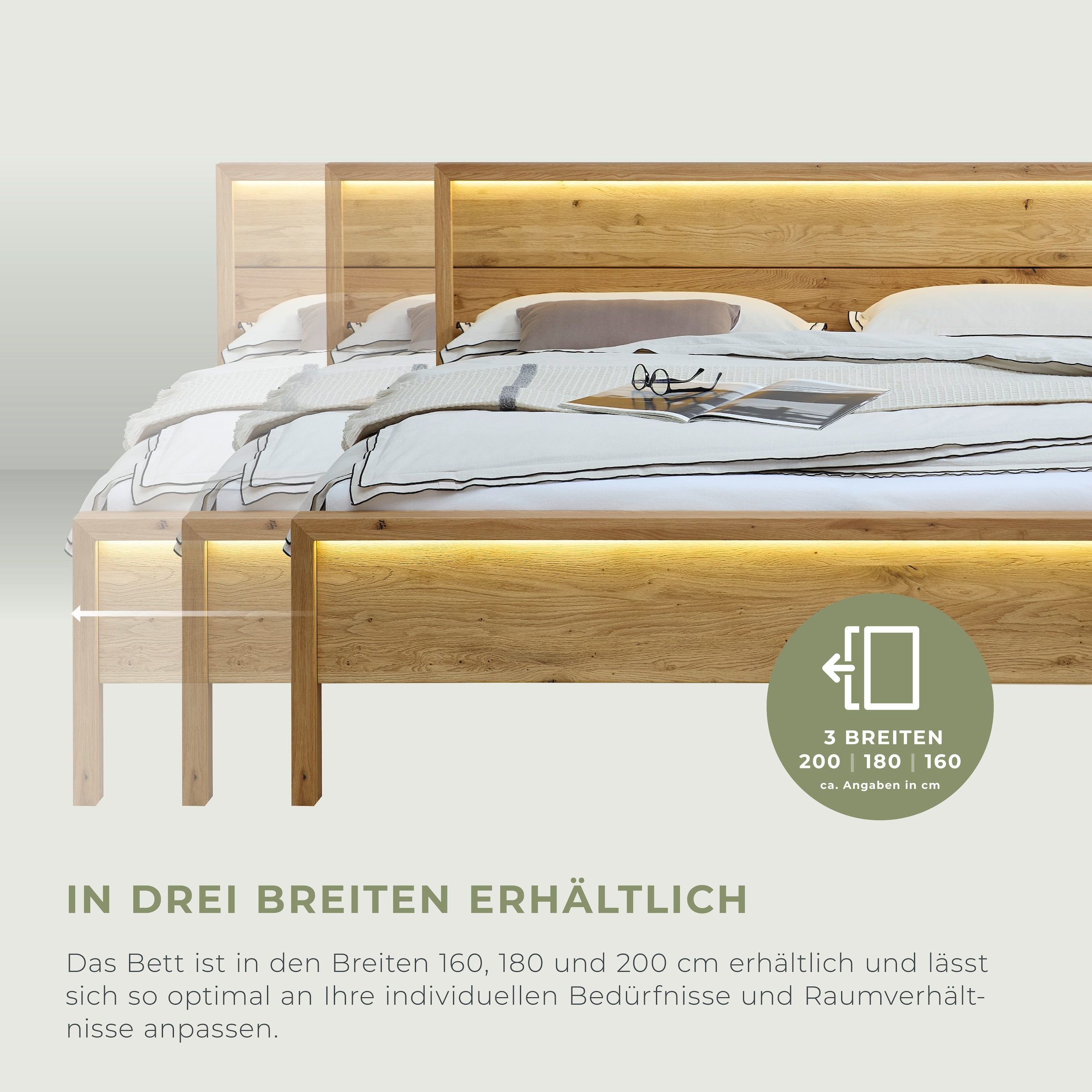 Home affaire Massivholzbett »Ambroise aus Wildeiche« inkl. LED-Beleuchtung, wahlweise auch in Überlänge erhältlich