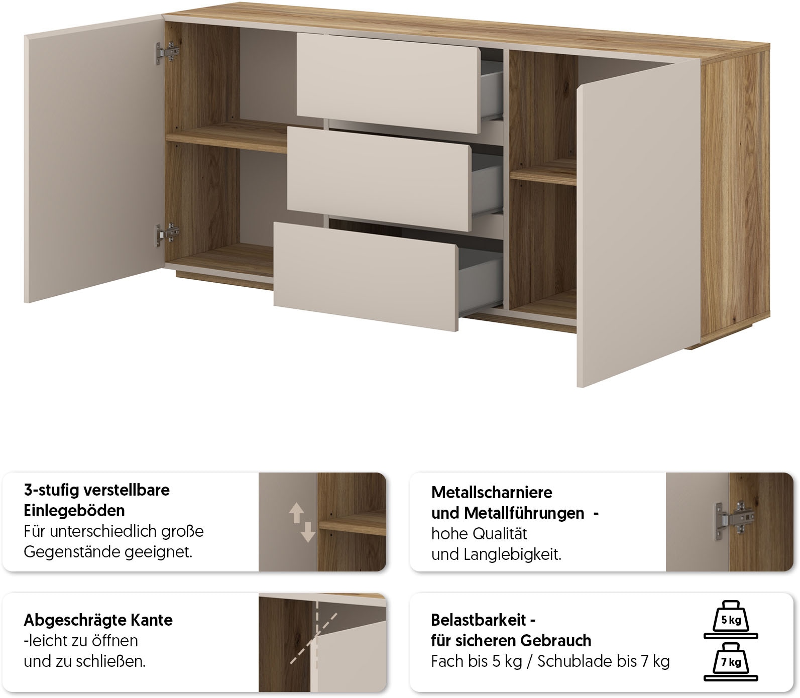 OTTO home Sideboard »Criss, Breite 150 cm, moderne grifflose Kommode 2Türen/3SK« Schubladenkommode mit viel Stauraum, Einlegeböden verstellbar