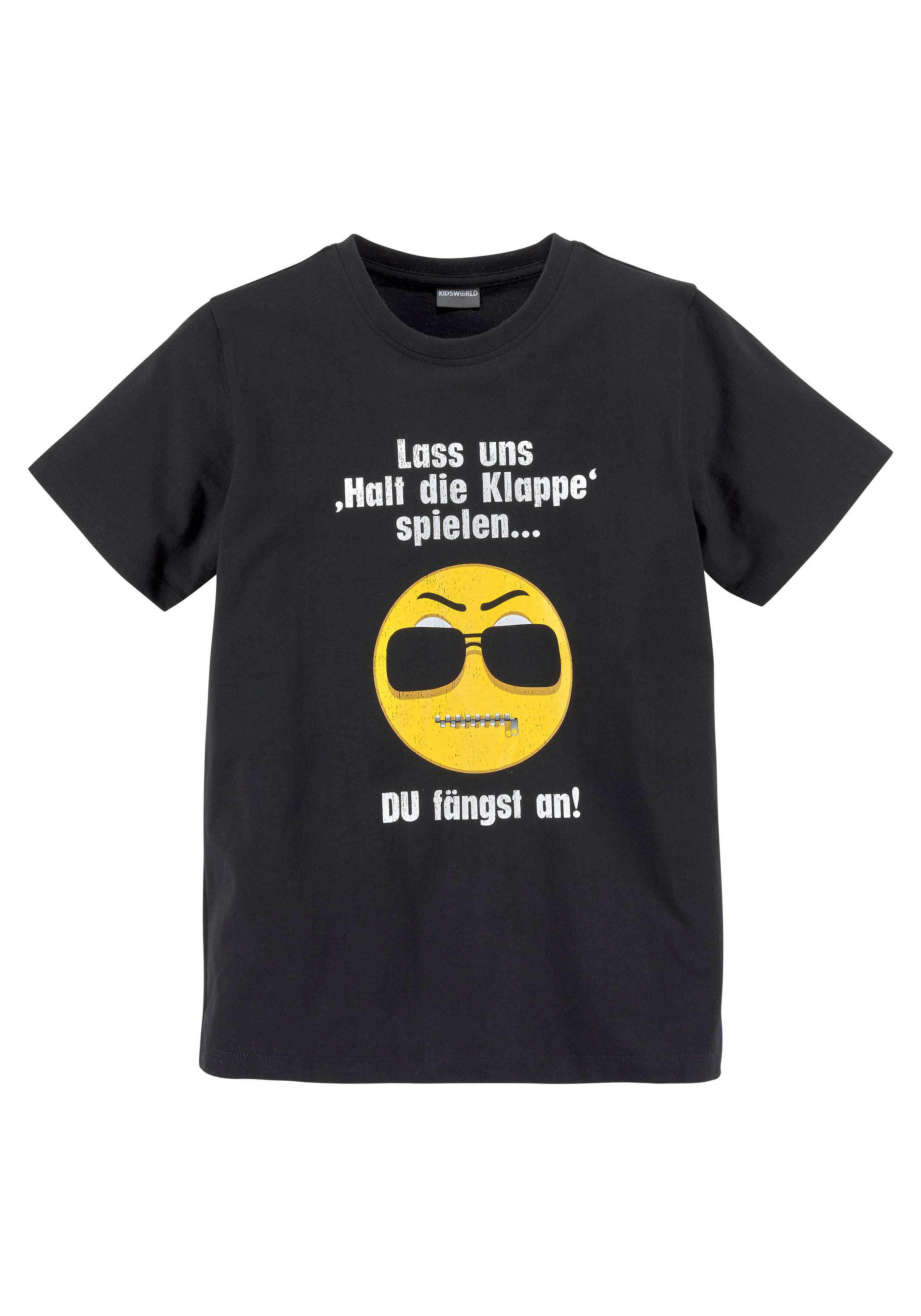 KIDSWORLD T-Shirt »LASS UNS: HALT DIE KLAPPEN! SPIELEN«, Spruch bei