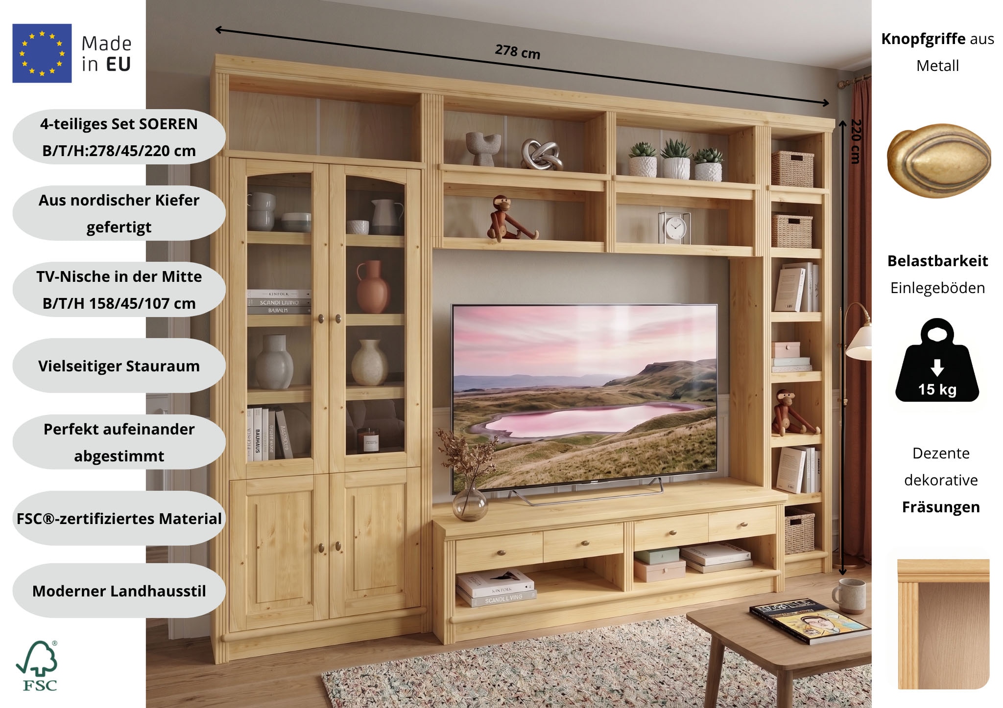 OTTO home Wohnwand »Soeren, 1 TV-Lowboard, 1 Wandregal, 1 Bücherregal, 1 Vitrine« Set, 4 Stk. tlg.