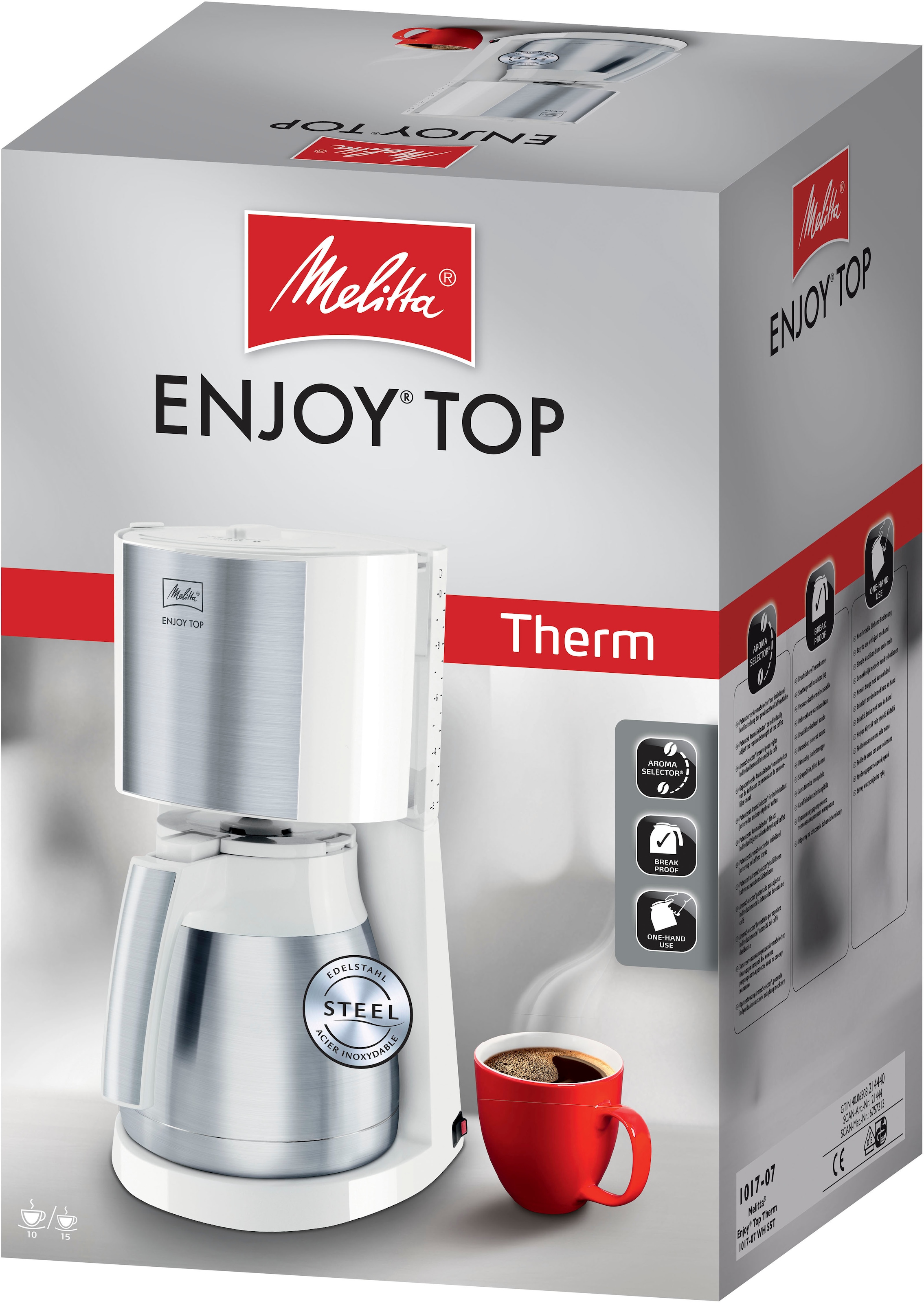 Top 1017-07 Filterkaffeemaschine 3 Therm Garantie XXL 1,25 »Enjoy® mit 1x4 weiß«, Melitta Kaffeekanne, Papierfilter, Jahren l