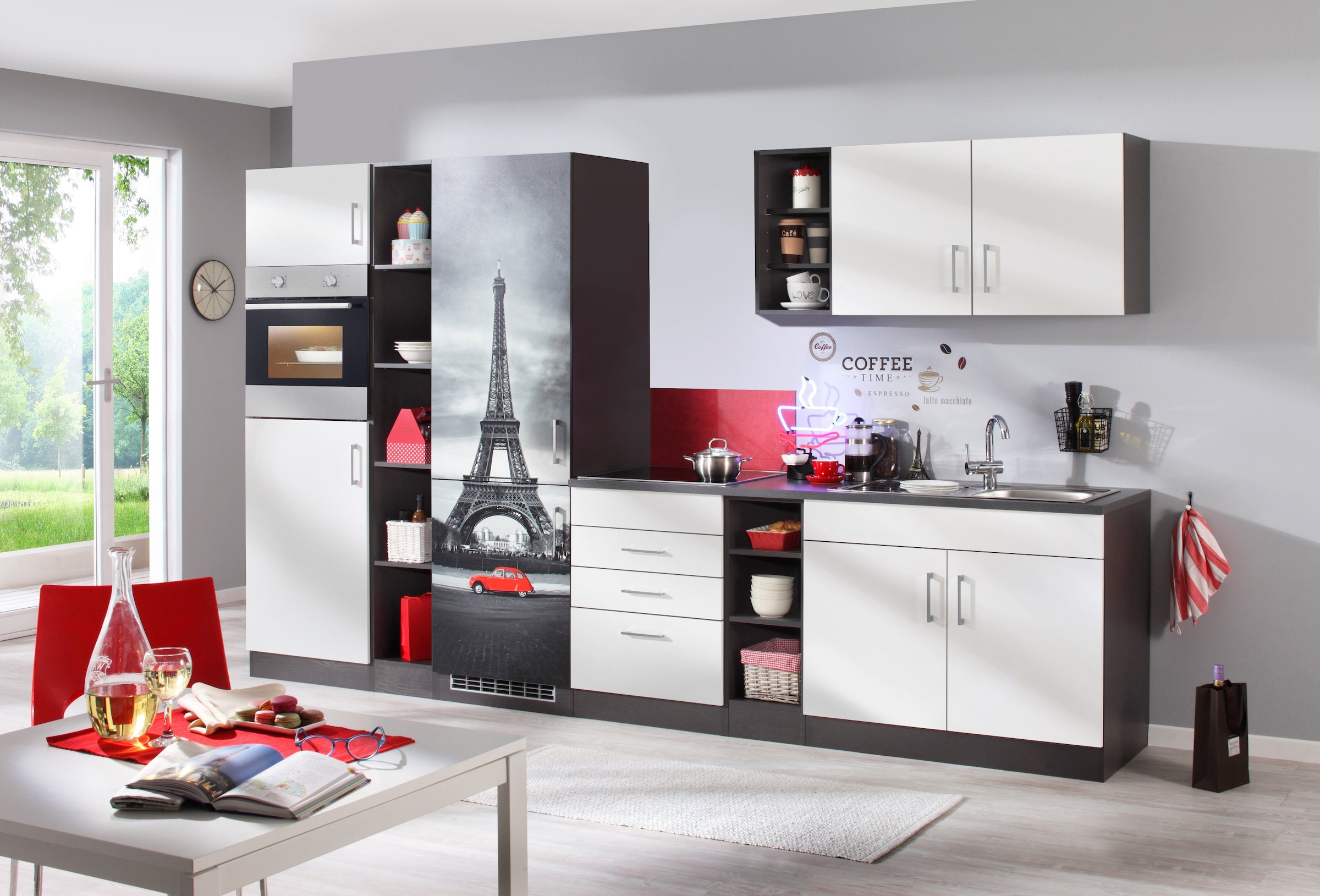 KOCHSTATION Küchenzeile »KS-Paris – Küchen mit einzigartigen Fotomotiven auf den Fronten« Breite 340 cm, wahlweise mit E-Geräten und Induktion