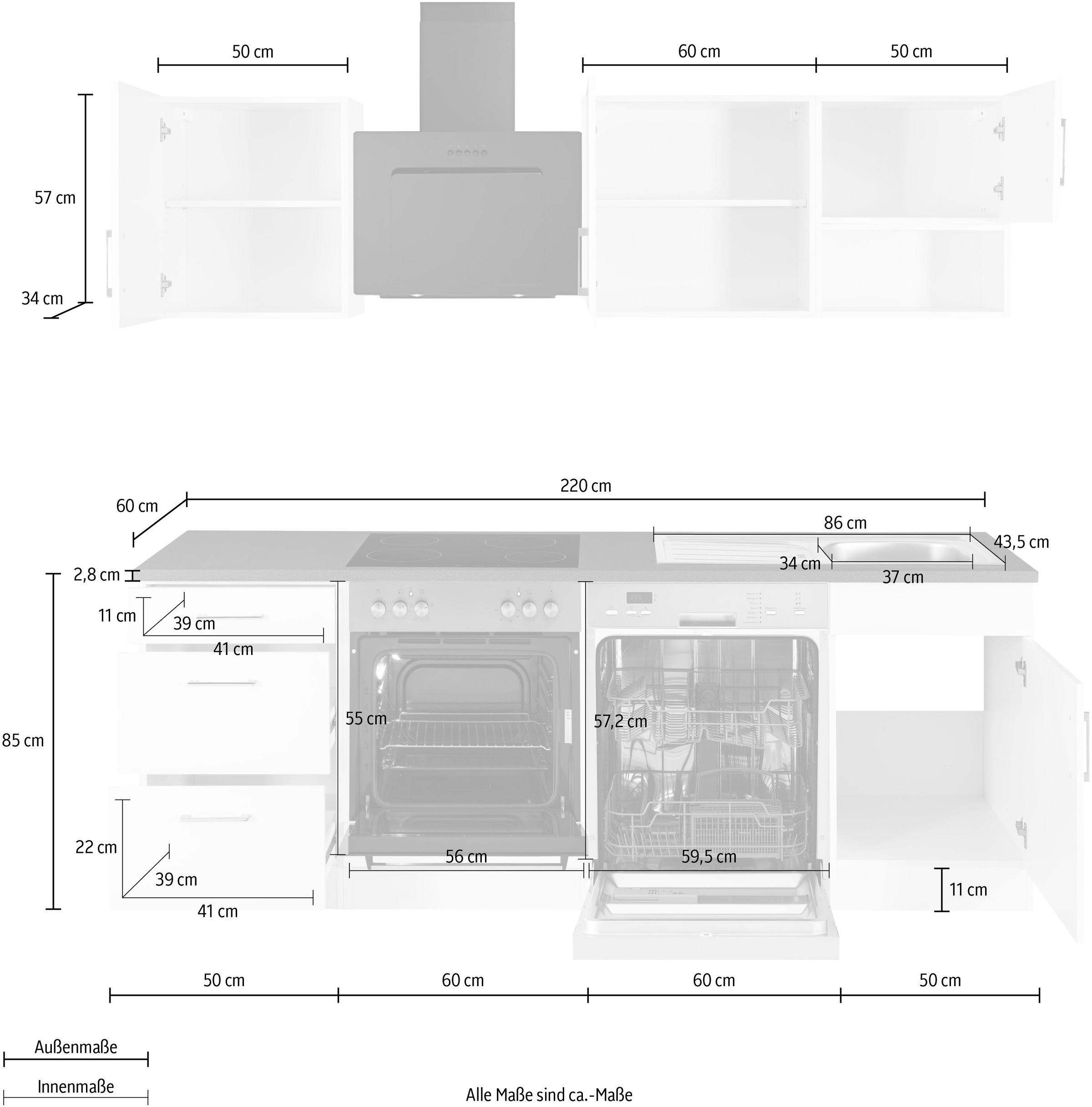 KOCHSTATION Küchenzeile »KS-Haiti« mit E-Geräten, Breite 220 cm