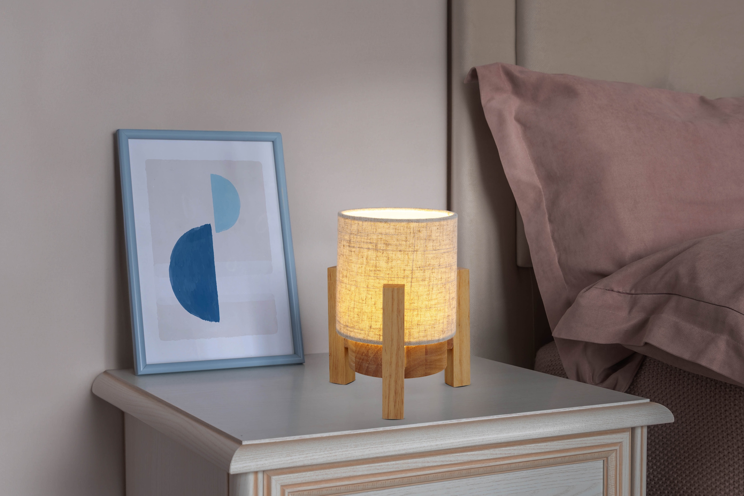 näve LED Tischleuchte »Matida«, 1 flammig, Leuchtmittel LED-Modul | LED wechselbar, Akkubetrieb, inkl. USB-C-Kabel, Holzgestell, Textilschirm, dimmbar