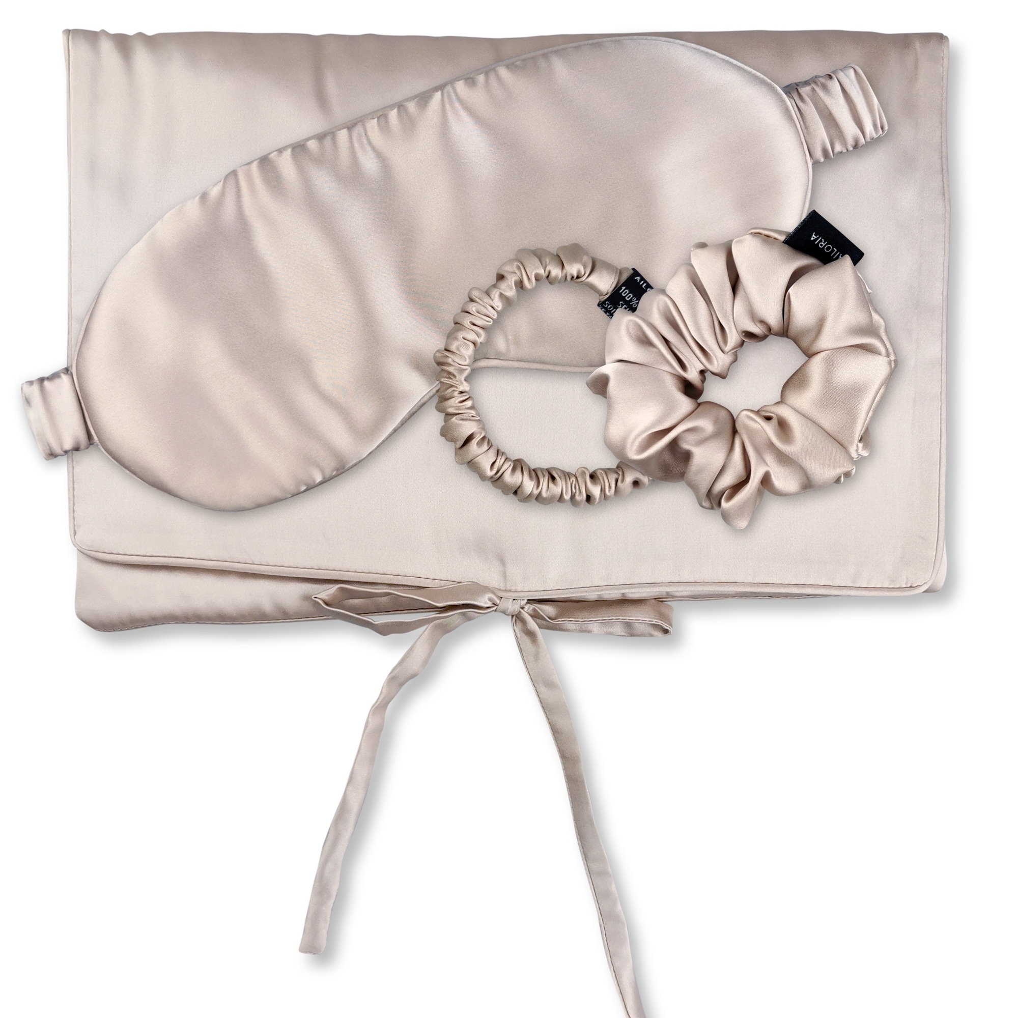AILORIA, Damen, Seidentuch »Tasche, Schlafmaske, Scrunchie S & Scrunchie M TRAVEL SET«, Beige, Beige, Ideal für zu Hause oder auf Reisen im Zug oder 