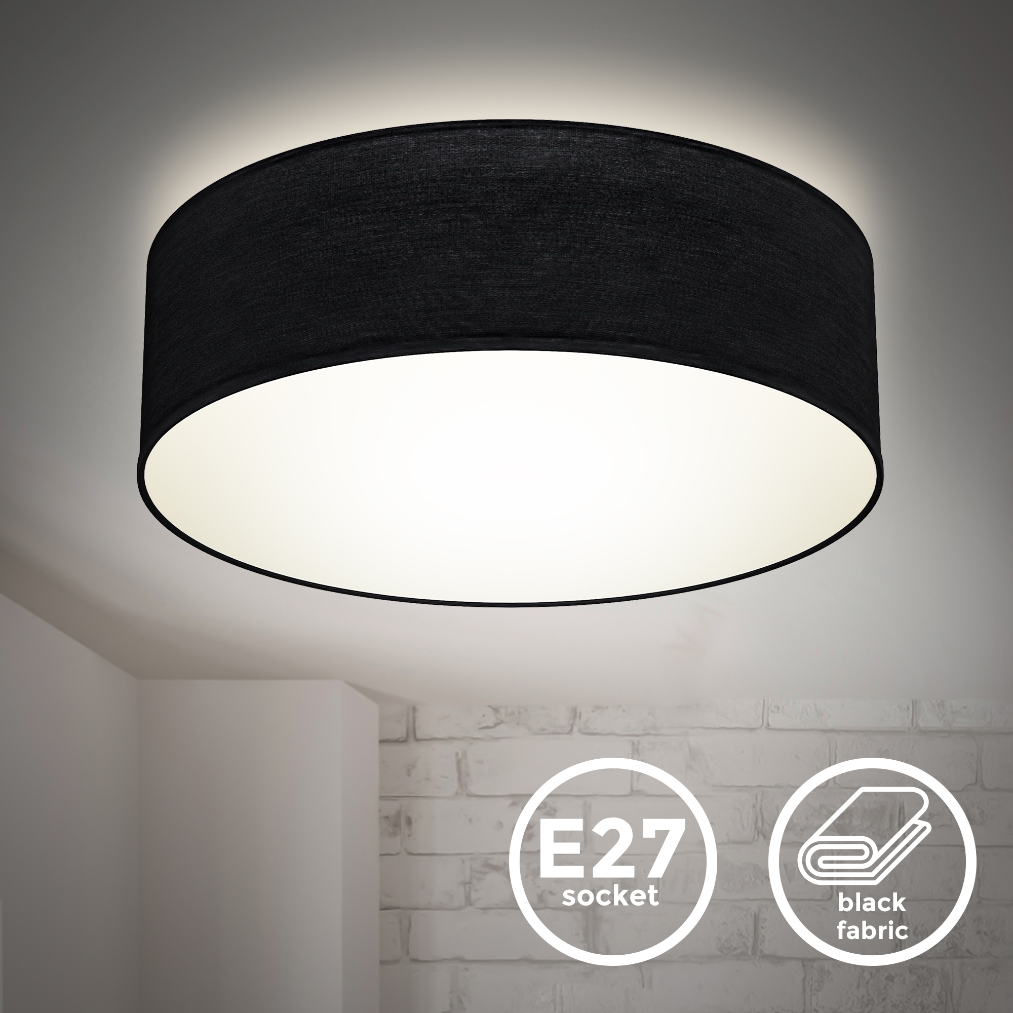 B.K.Licht LED Deckenleuchte, 1 flammig, Leuchtmittel E27 | ohne Leuchtmittel, Deckenlampe, Textil Lampenschirm, schwarz, Schlafzimmer, Wohnzimmer