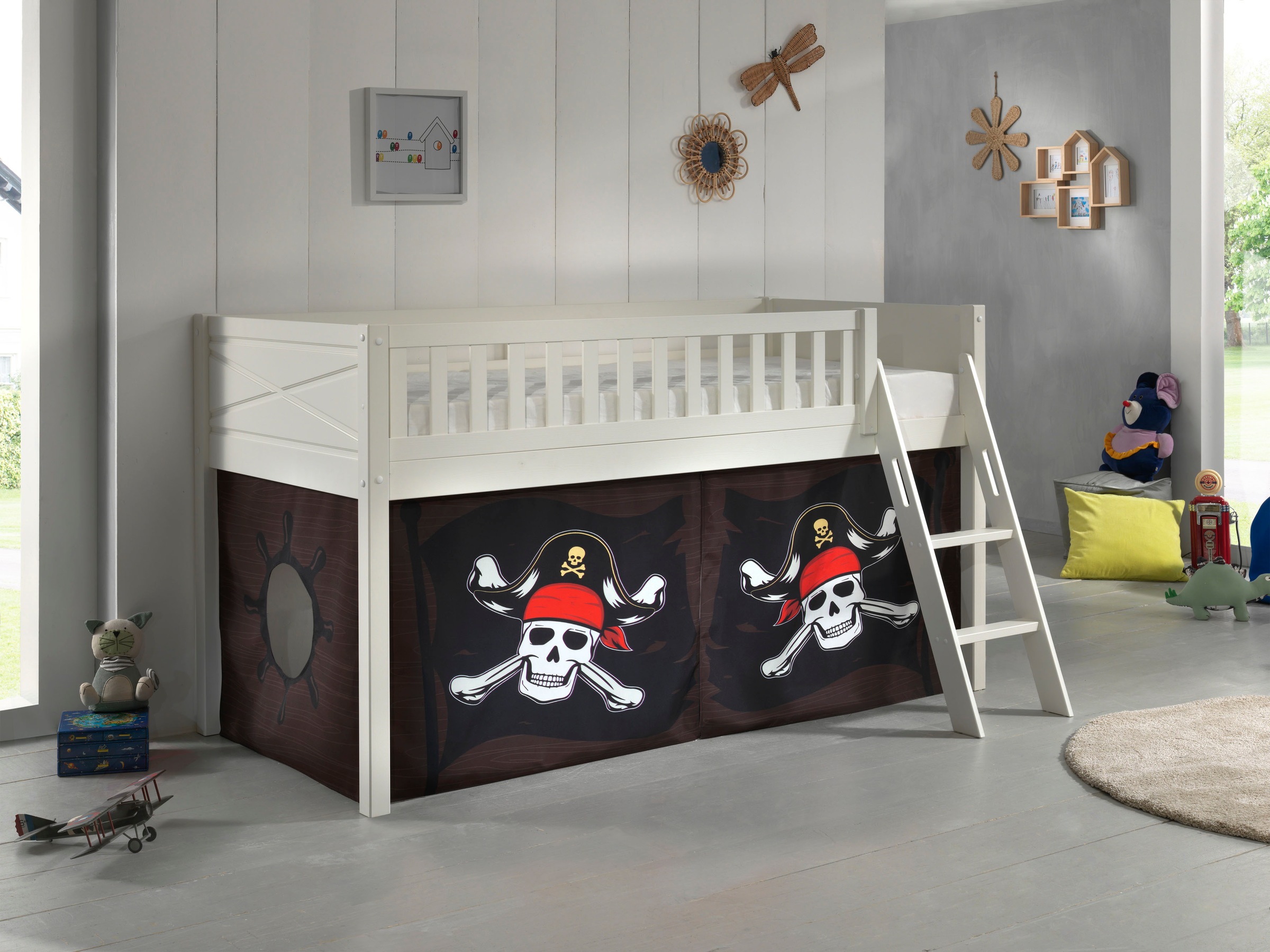 Vipack Hochbett »Scott«, (Made in Europe), mit schräger Leiter, LF 90x200 cm, Vorhang, Tunnel, 7 Designs