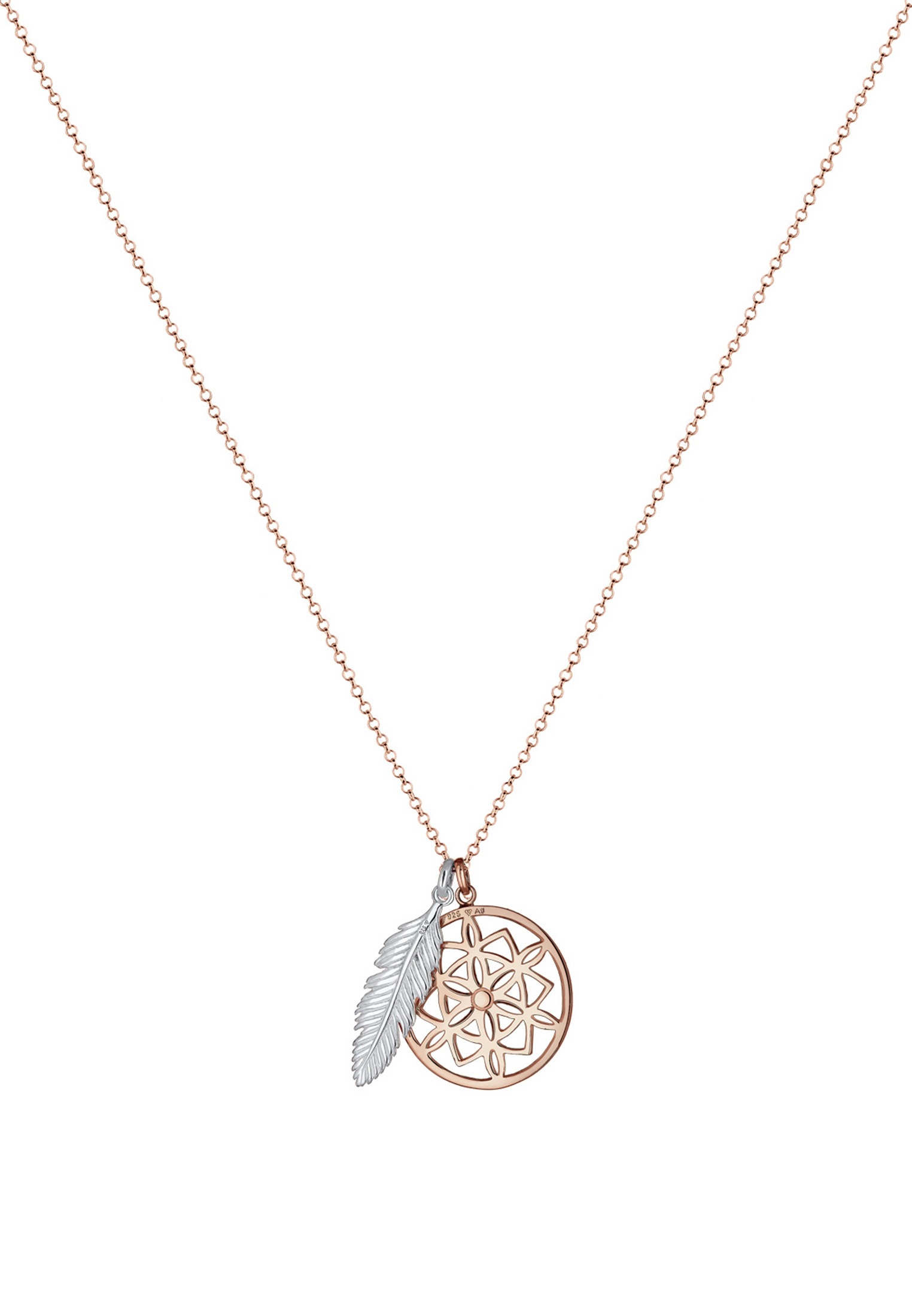 Elli Kette mit Anhänger »Halskette Ornament Feder Anhänger Traumfänger 925 Sterling Silber bicolor«