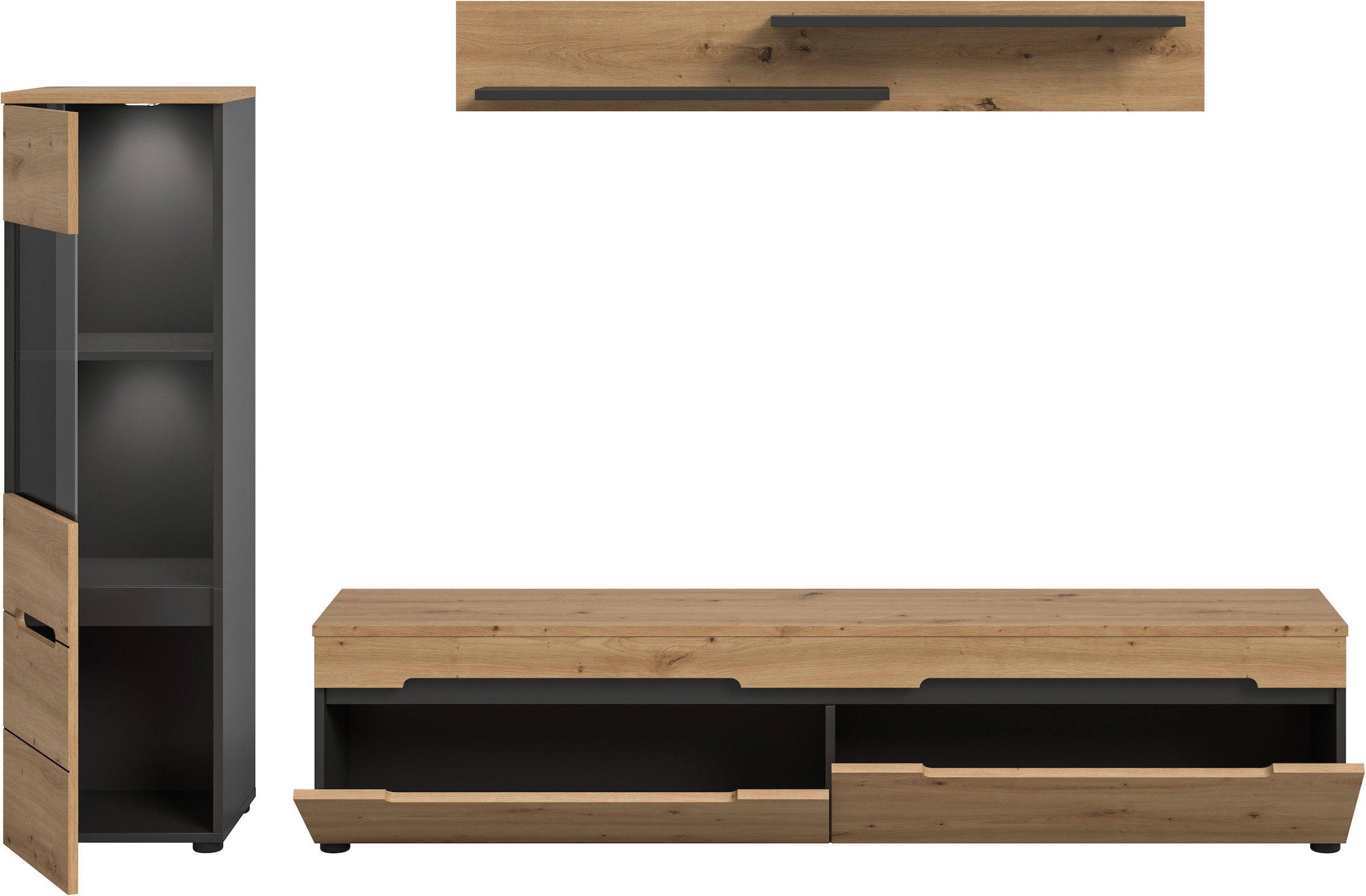 Home affaire Wohnwand »REHAT, TOPSELLER!, 3-teilig, inkl. Beleuchtung, stehend oder hängend« Set bestehend aus: Vitrine inkl. Beleuchtung, Lowboard und Wandboard, 3 Stk. tlg.