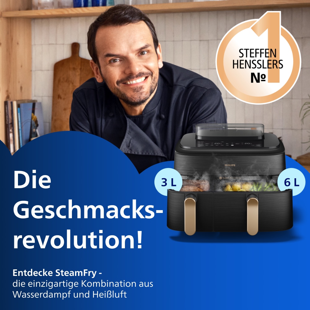 Philips Heißluftfritteuse »NA555/00 Steam Airfryer 5000 Series Dual Basket, 9L Kapazität (3L+6L)« 2750 W mit Dampfgar-Funktion; Silber/Edelstahl