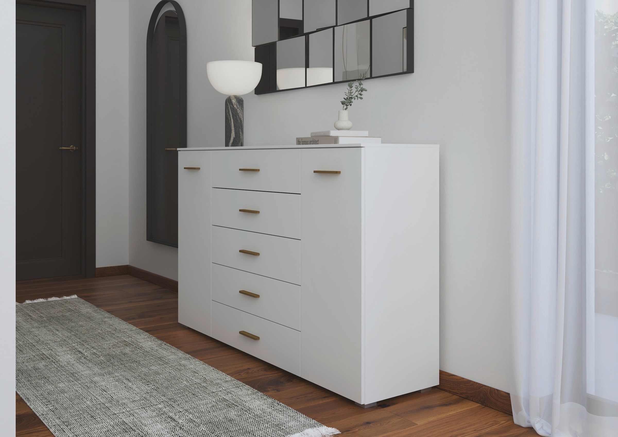 OTTO home Kombikommode »Sideboard Kommode Schubladen SCHNELLMONTAGESYSTEM ZELLARA by rauch-ONE« Weiß, 2-türig 5 Schubladen, Griffe Gold aus Metall MADE IN GERMANY