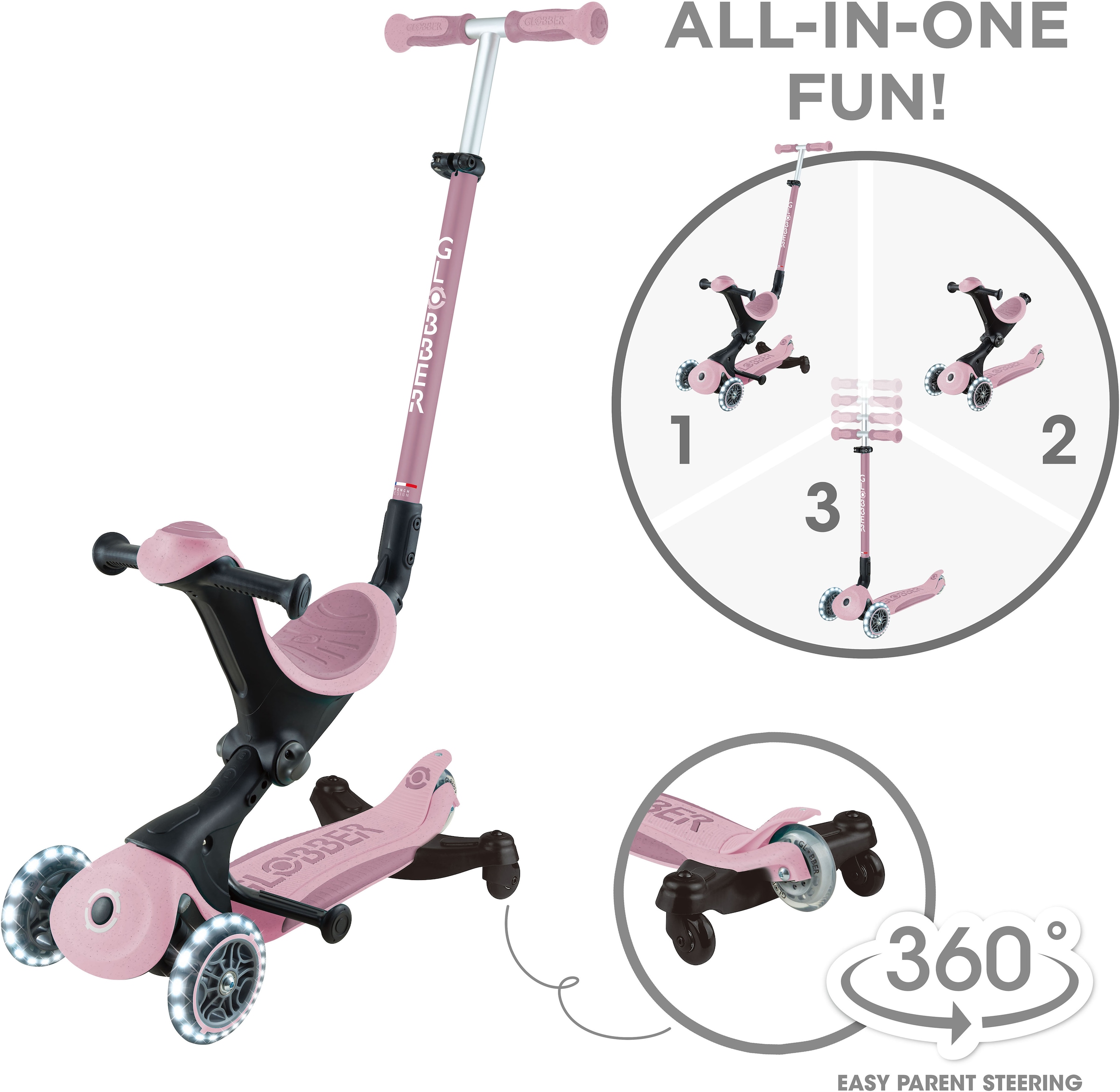 Globber Tretroller »GO-UP DELUXE LIGHTS ECO 360, mit Leuchtrollen« Aufsitzrad mit Schubstange, Laufrad und Scooter