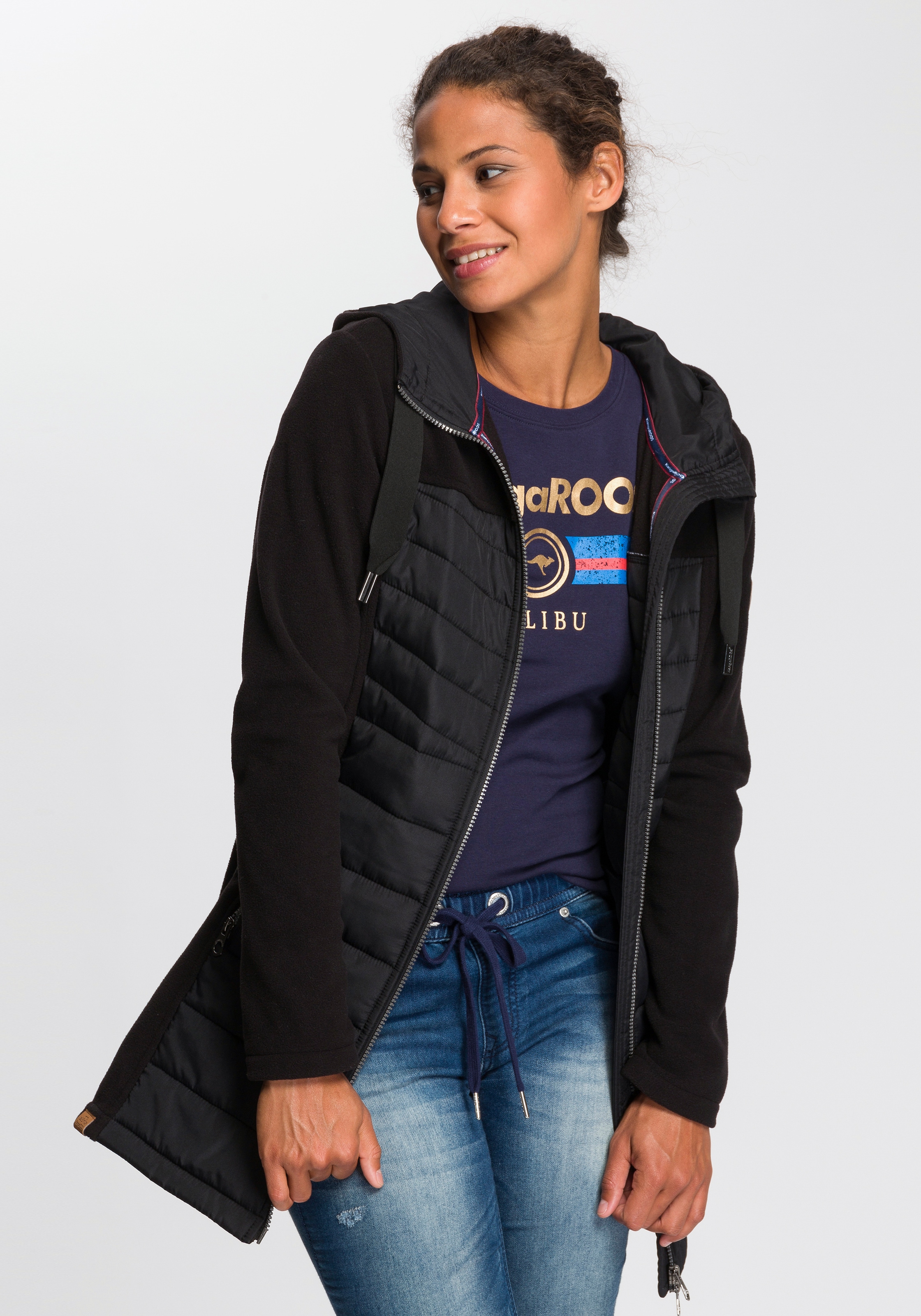KangaROOS, Damen, Langjacke mit Kapuze Hybridjacke - Fleecejacke mit wattierten Bereichen, schwarz, 38, schwarz, Leichter Webstoff mit Fleece Ärmeln 