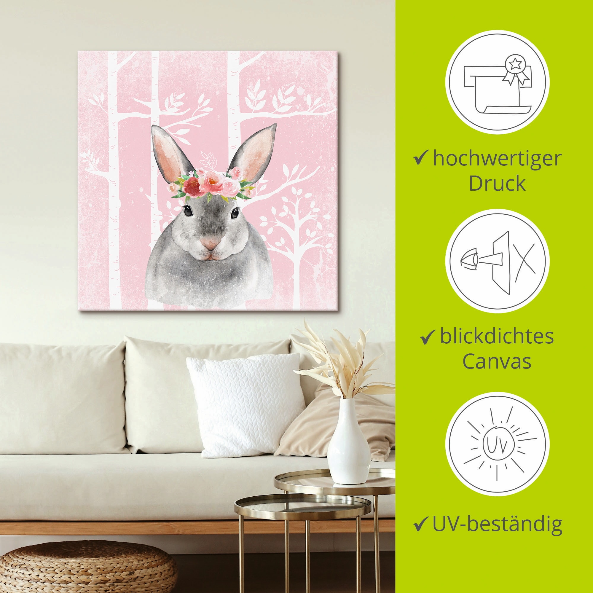 Artland Leinwandbild »Hase mit Blumen im pink Wald« Tiere 1 Stk. tlg. auf Holzrahmen gespannt