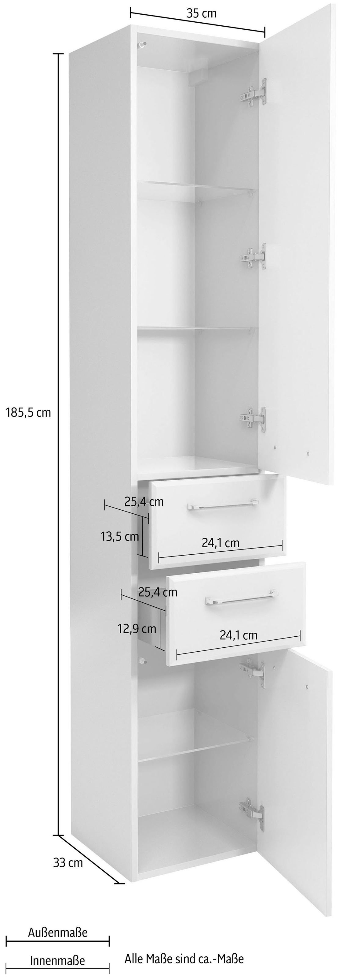 Saphir Hochschrank »Quickset Badschrank 35 cm breit, 2 Türen, 2 Schubladen, 3 Einlegeböden« Badezimmer-Hochschrank inkl. Türdämpfer, Griffe in Chrom glänzend