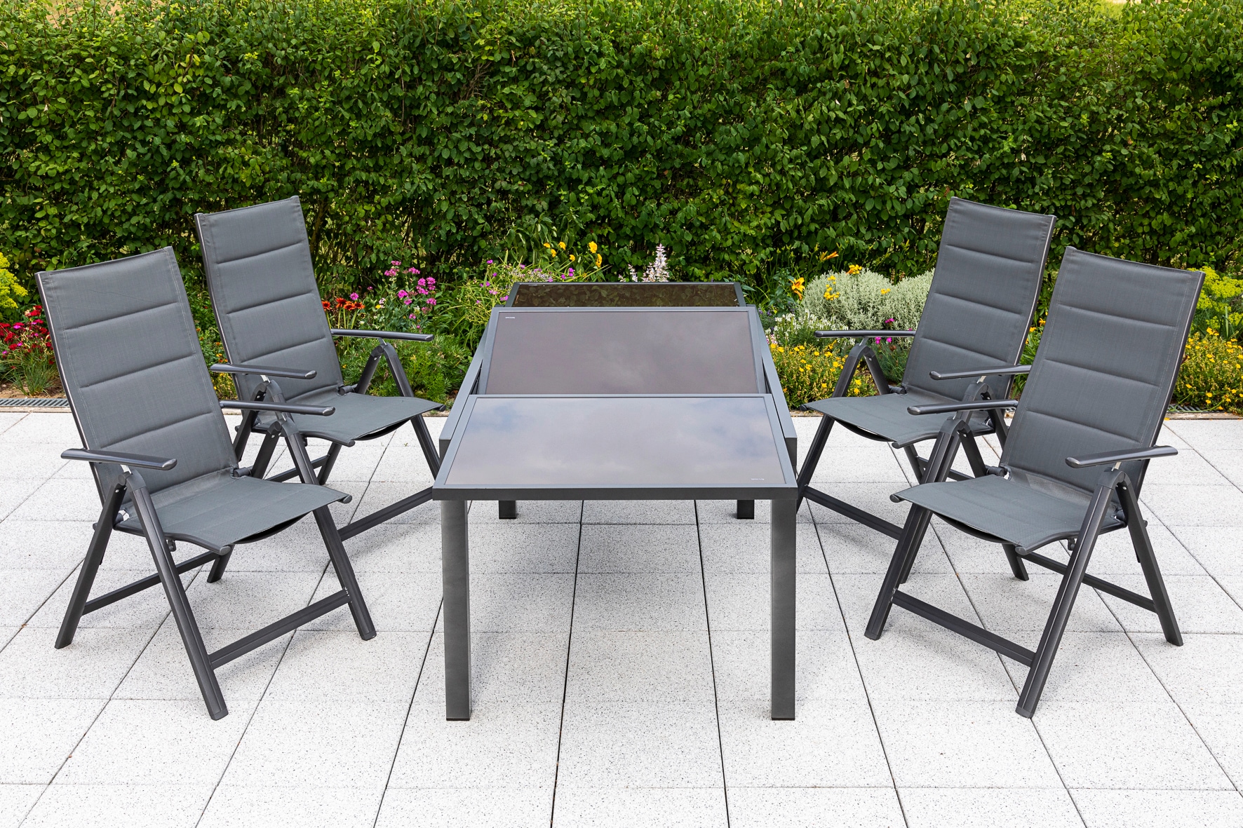 MERXX Garten-Essgruppe »Taviano«, (Set, 5 tlg.), 4 Klappsessel, 5-fach verstellbar, Ausziehtisch
