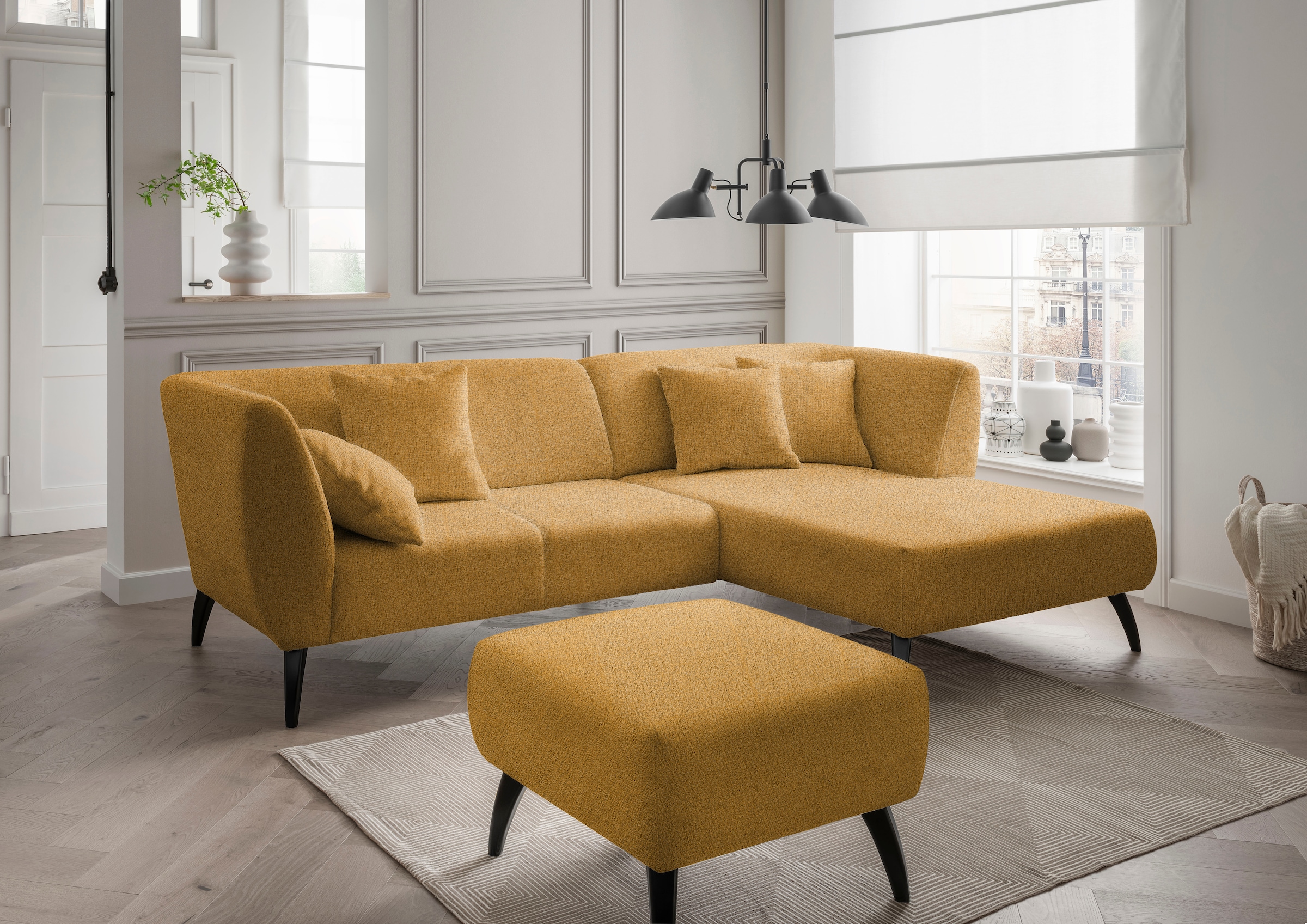 Ecksofa »Colori L-Form«, Holzfußfarbe wählbar, inkl. 4x Zierkissen, verschiedene Stoffe