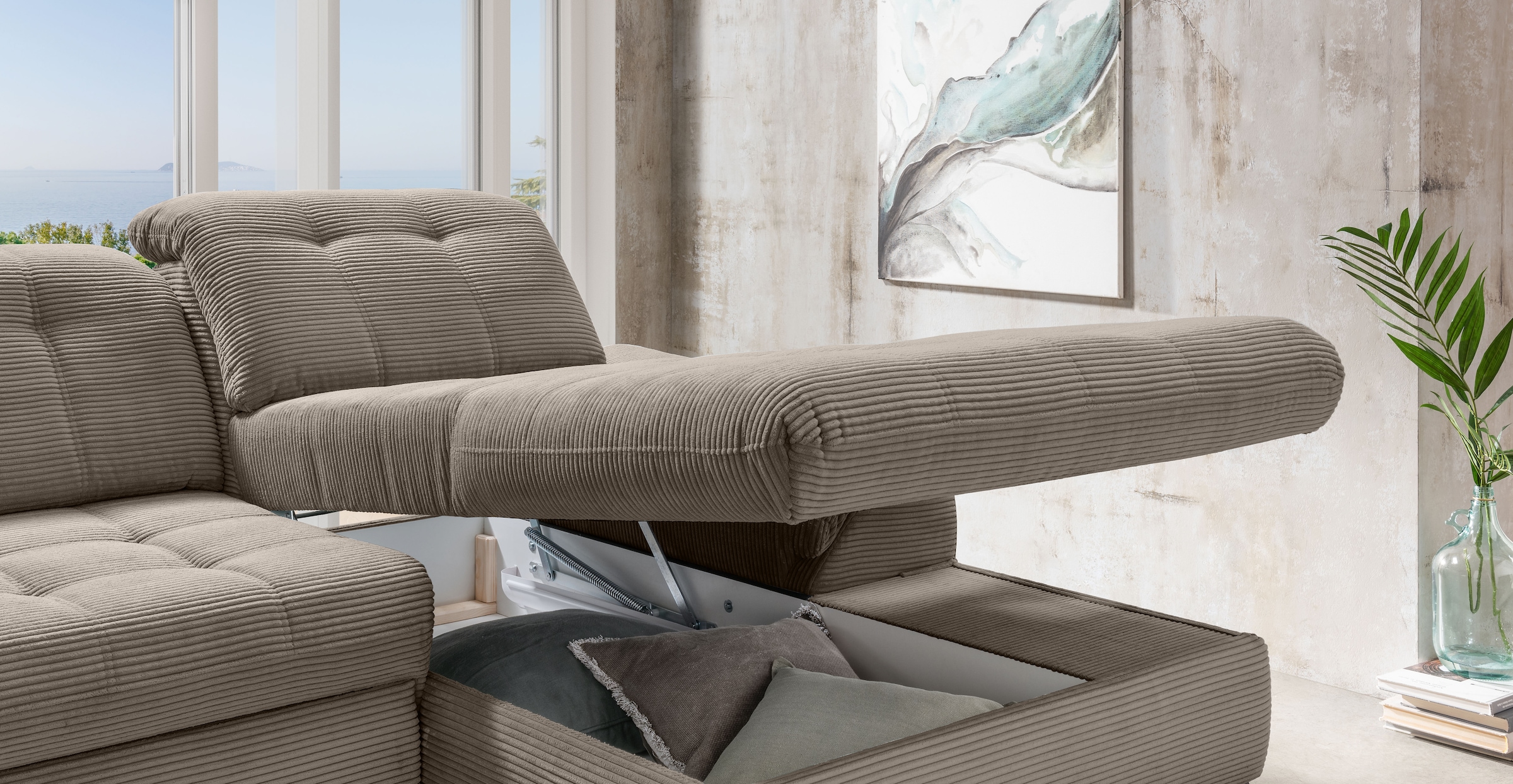 Home affaire Ecksofa »Lazio modern und bequem, schmale Armlehnen, tolle Detailverarbeitung« zwei verschiedene Fußfarben wählbar