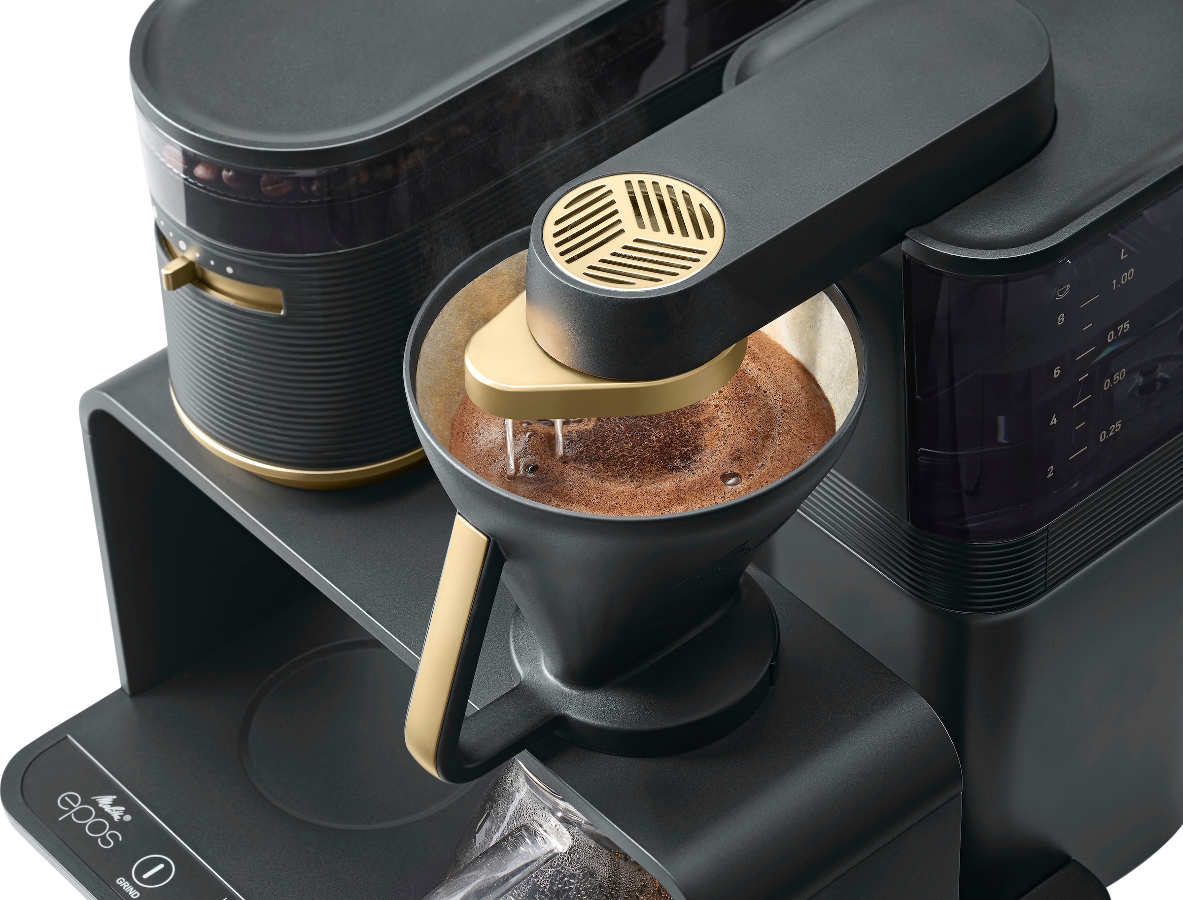 Melitta Kaffeemaschine Papierfilter, Mahlwerk Kaffeekanne, mit 1024-04«, Jahren l Wasserauslauf XXL 3 Schwarz/Gold, Garantie 1 »EPOS® mit 360°rotierender 1x4