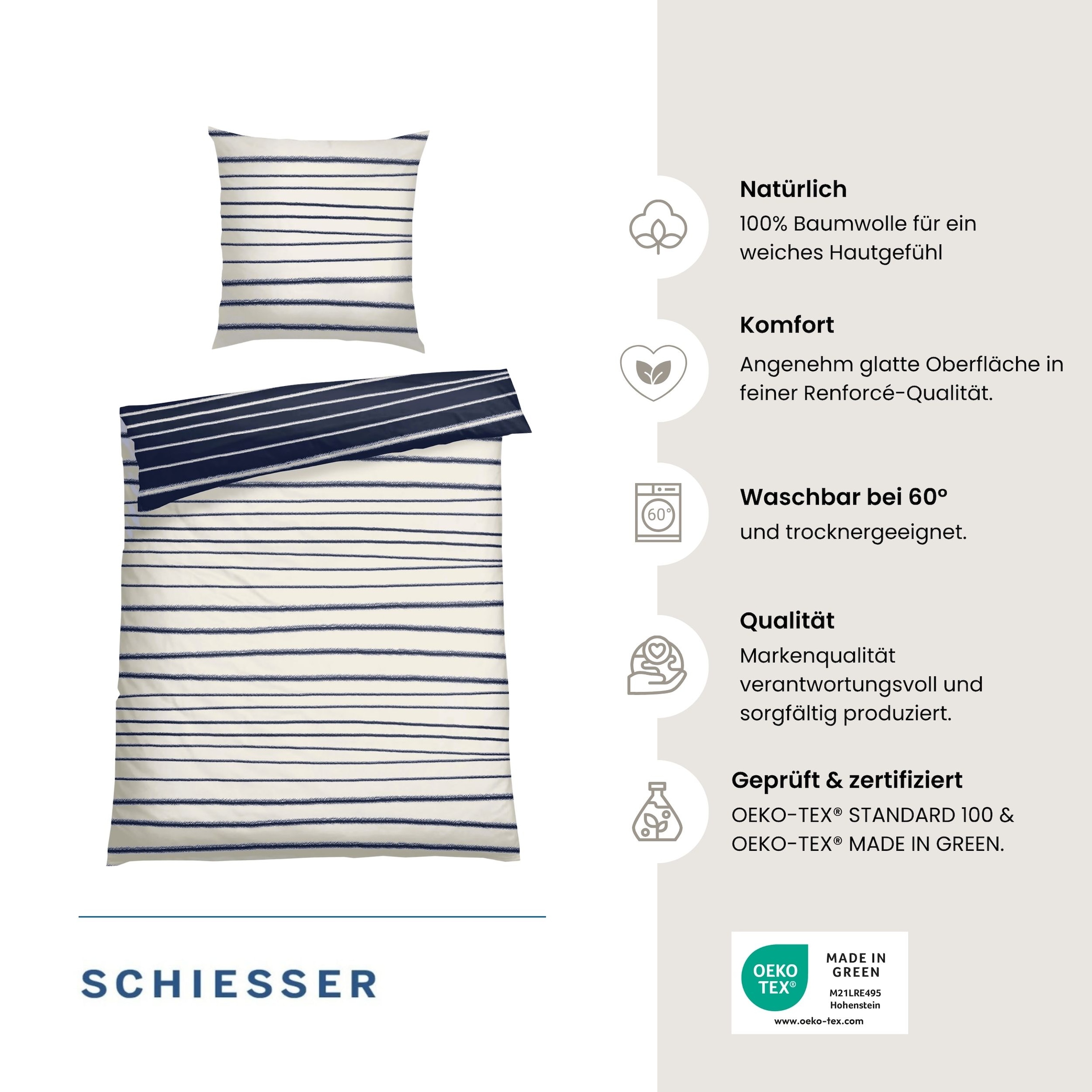Schiesser Wendebettwäsche »Wesley aus weicher Baumwolle im Streifen-Look« 2 Stk. OEKO-TEX® MADE IN GREEN