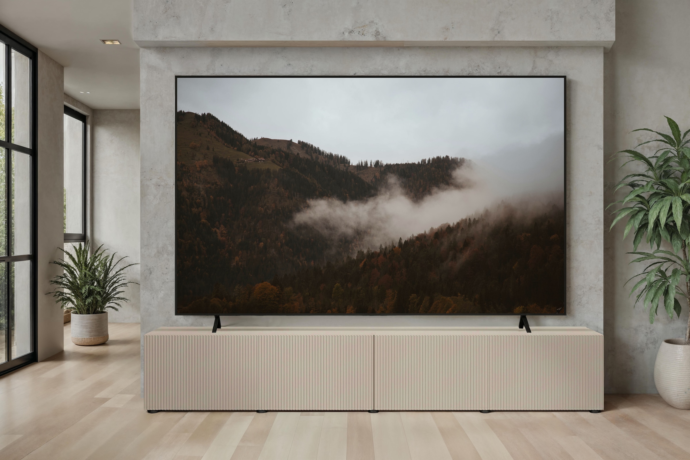 OTTO home Lowboard »Rio, 245 cm breit, 47 cm tief, 4 Türen mit geriffelten MDF Fronten« Modernes Lowboard für bis zu 98-Zoll-TV – perfekt für die WM
