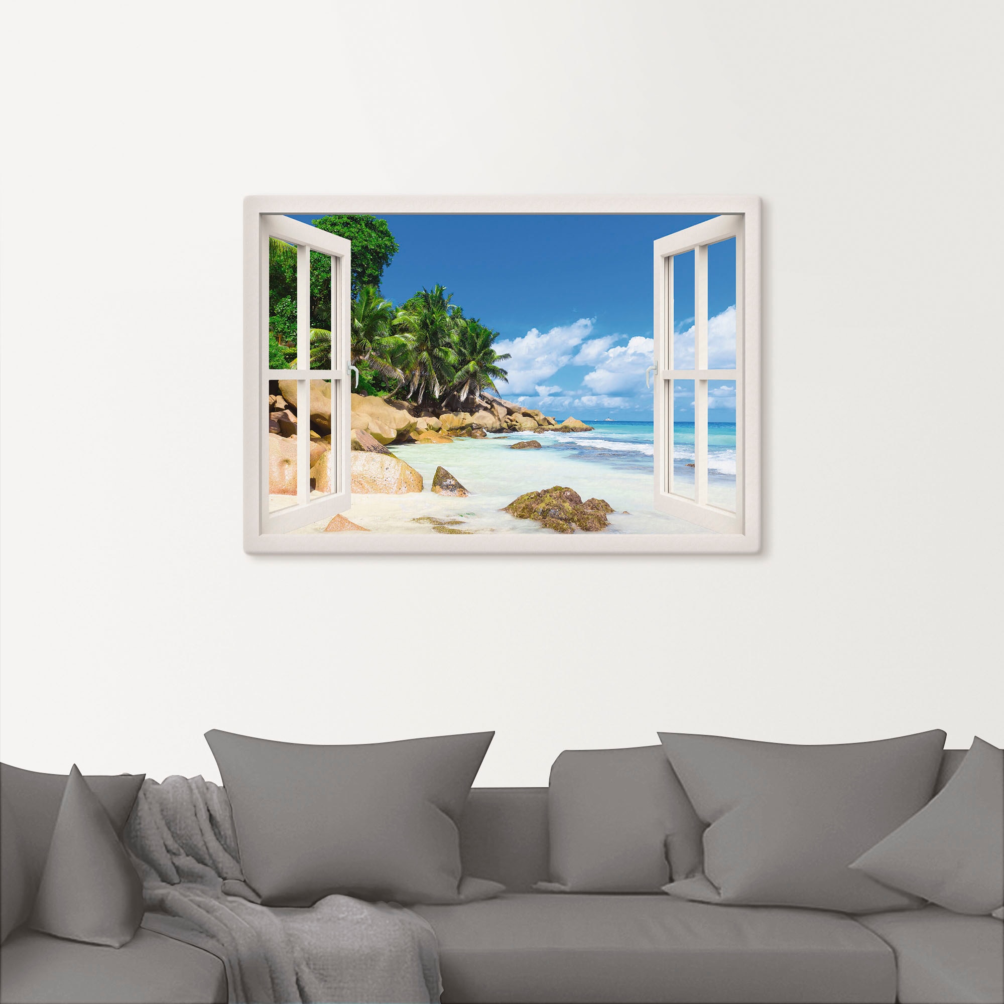 Artland Wandbild »Küste mit Palmen durchs Fenster«, Karibikbilder, (1 St.), als Alubild, Outdoorbild, Leinwandbild, Poster, Wandaufkleber