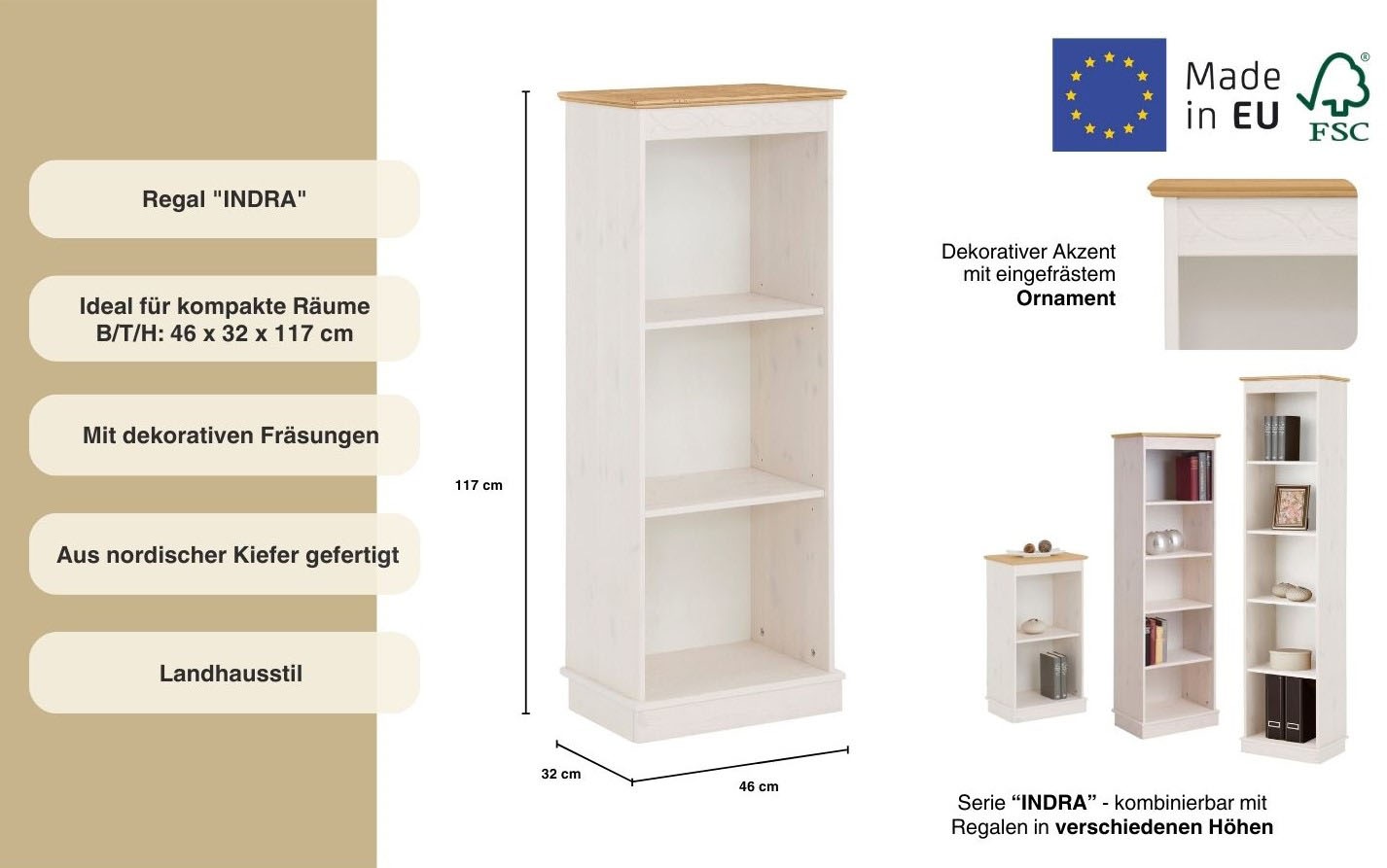 Home affaire Bücherregal »Indra«, aus massiver Kiefer, in verscheidenen Höhen, mit FSC®®