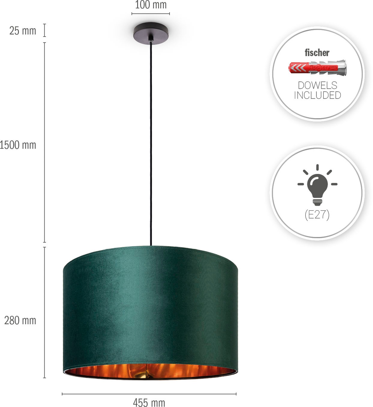 Pendelleuchte XXL Color«, Garantie E27 Home Wohnzimmer Kabel online kaufen mit Lampenschirm uni Jahren aus 3 Unifarben 1,5m Velour Deko | Paco »Hugo