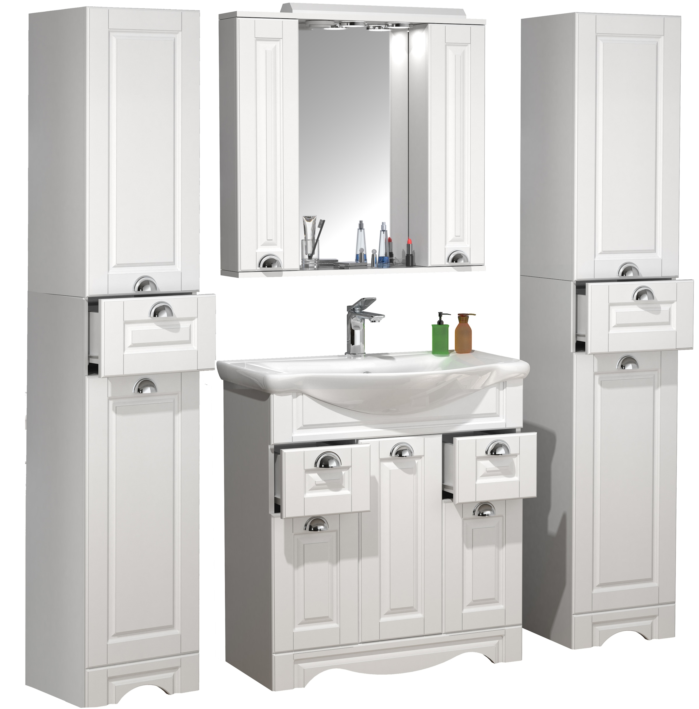 VCM Waschbeckenunterschrank »VCM 5-tlg. Waschplatz Waschtisch Breite 75 cm Badmöbel Set Waschbecken Spiegelschrank Hochschrank Landhaus Schublade Casalo XL«, (5 St.)