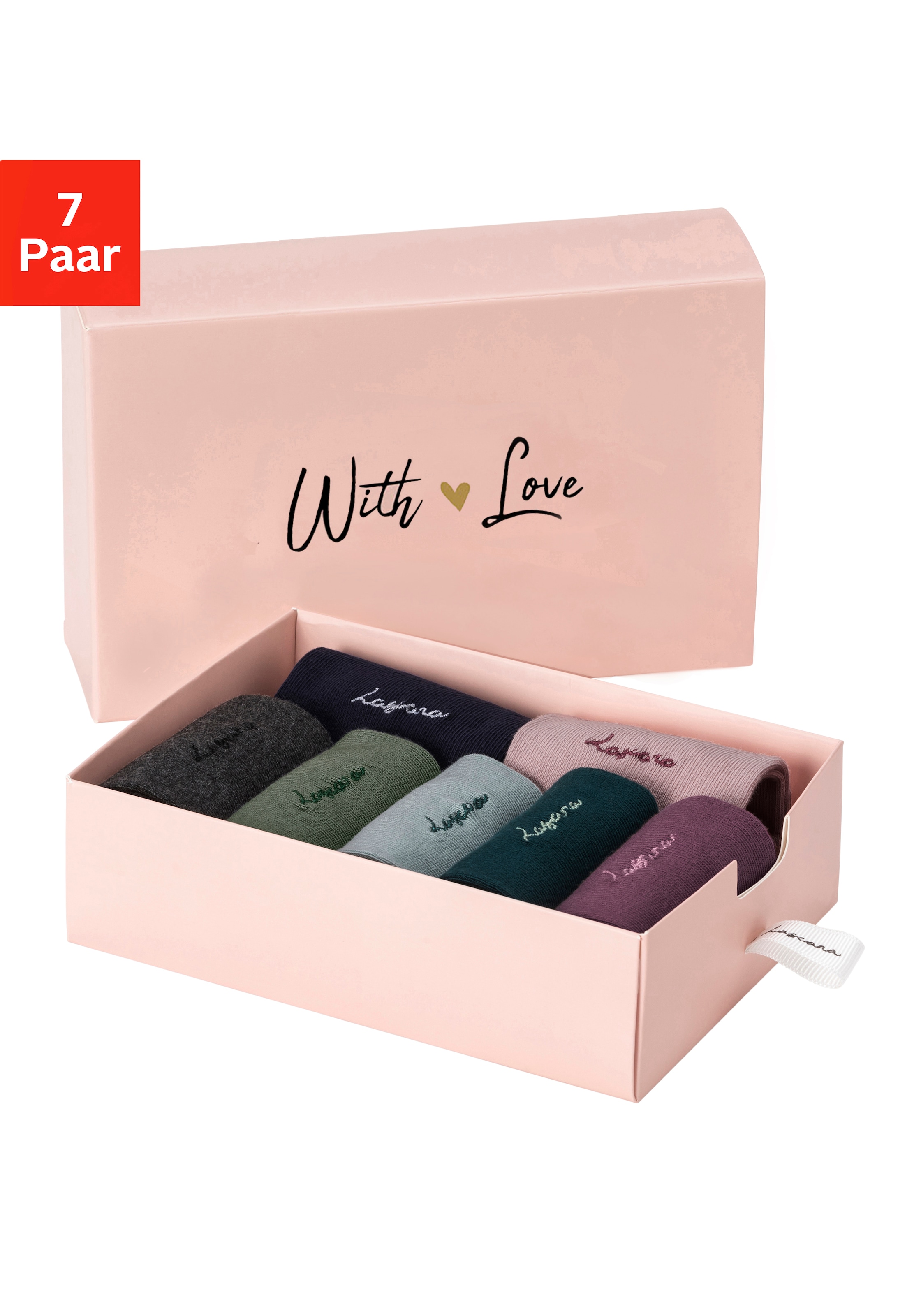 LASCANA Basicsocken, (Box, 7 Paar), mit hochwertiger Logo Stickerei