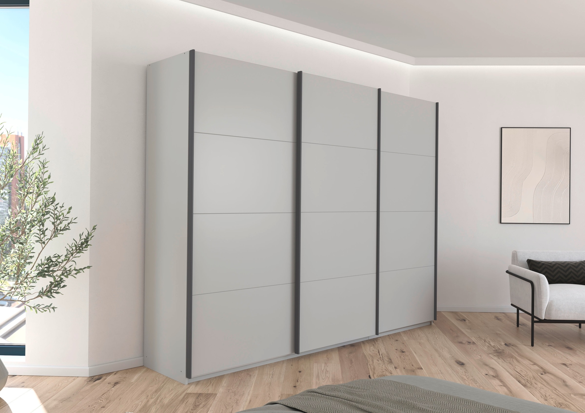rauch Schwebetürenschrank »Kleiderschrank Schrank Garderobe AGORDO mit Dekor- oder Hochglanzfront«, (in zwei Griff-Farben), durchdachte Innenausstattung, in 4 Breiten und 2 Höhen MADE IN GERMANY