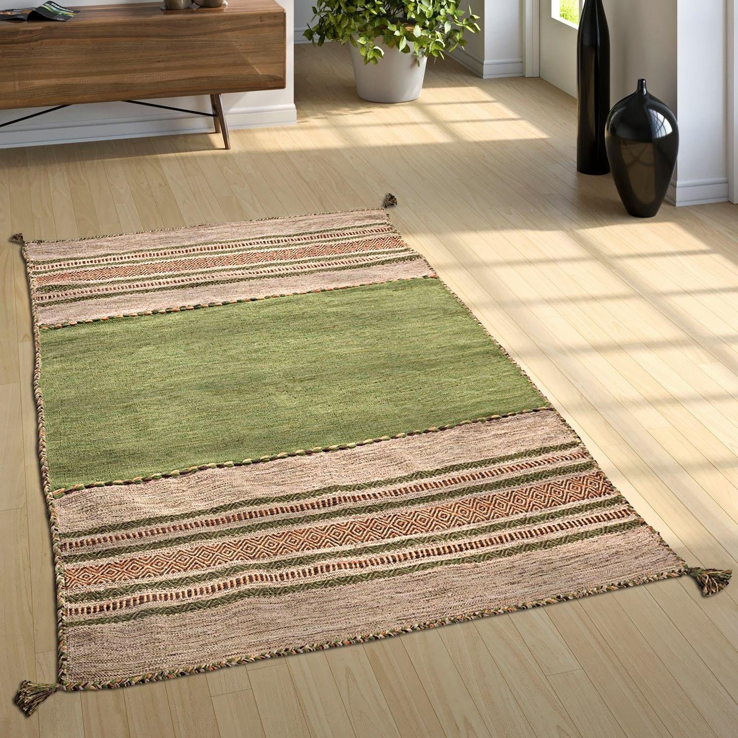 Paco Home Teppich »Kilim 217« rechteckig 12 mm Höhe handgewebter Wendeteppich, reine Baumwolle, gestreift, Wohnzimmer