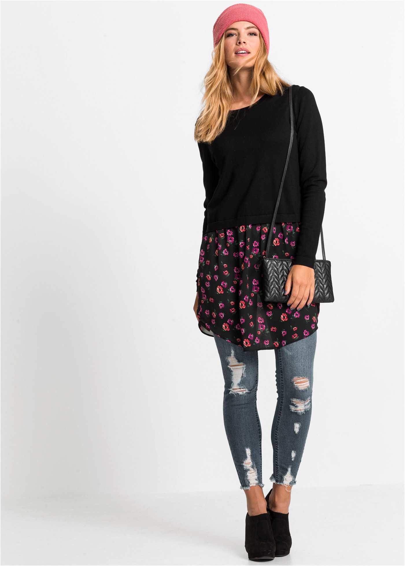 bonprix Strickpullover »Feinstrickpullover mit Rockansatz« Feinstrickpullover mit Rundhalsausschnitt und mit blumigem Rockansatz