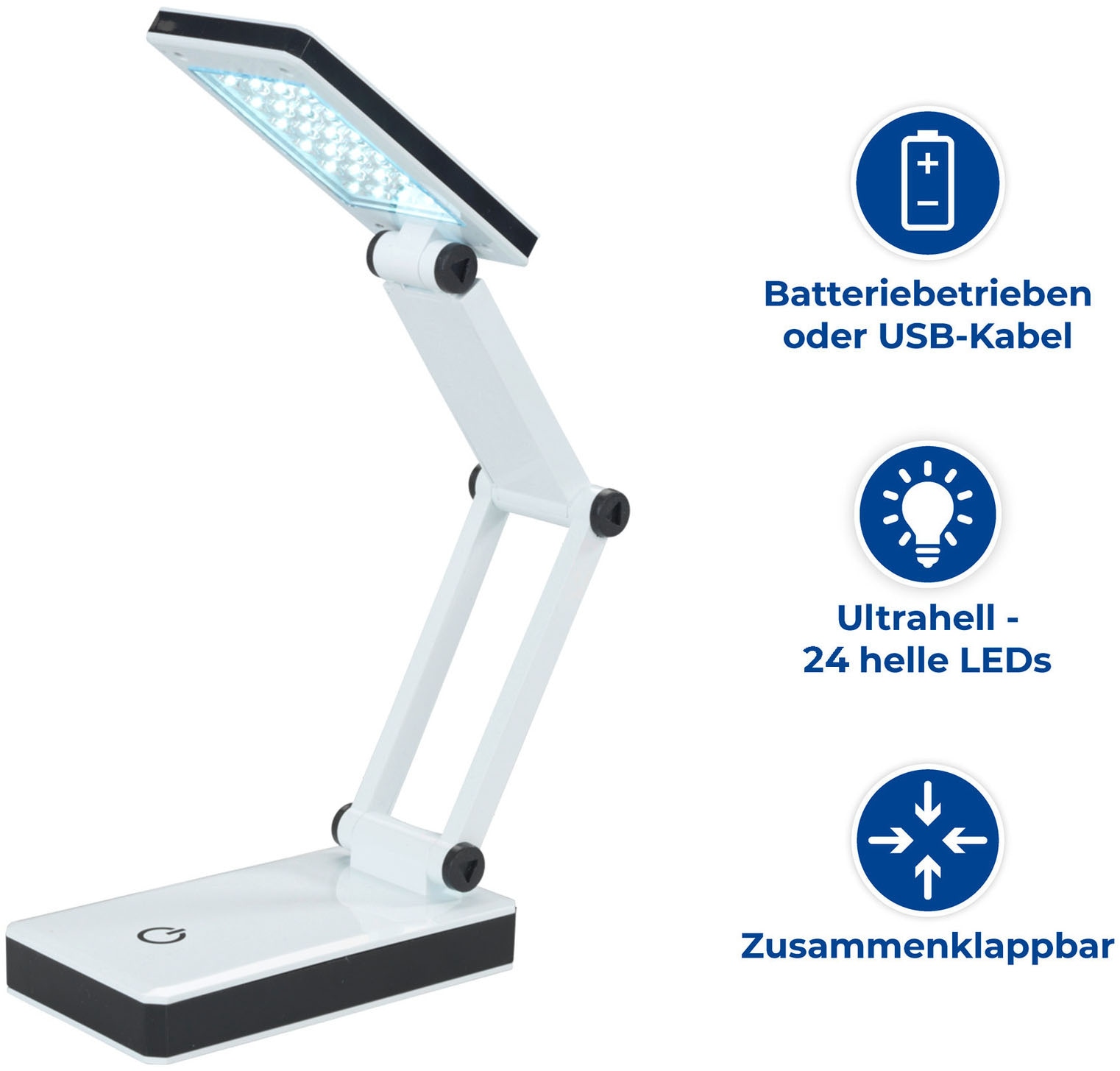 Maximex LED Schreibtischlampe »faltbar« LED-Modul 1 Stk. Neutralweiß LED Lampe, stufenlos verstellbar, USB-Port oder Batteriebetrieb