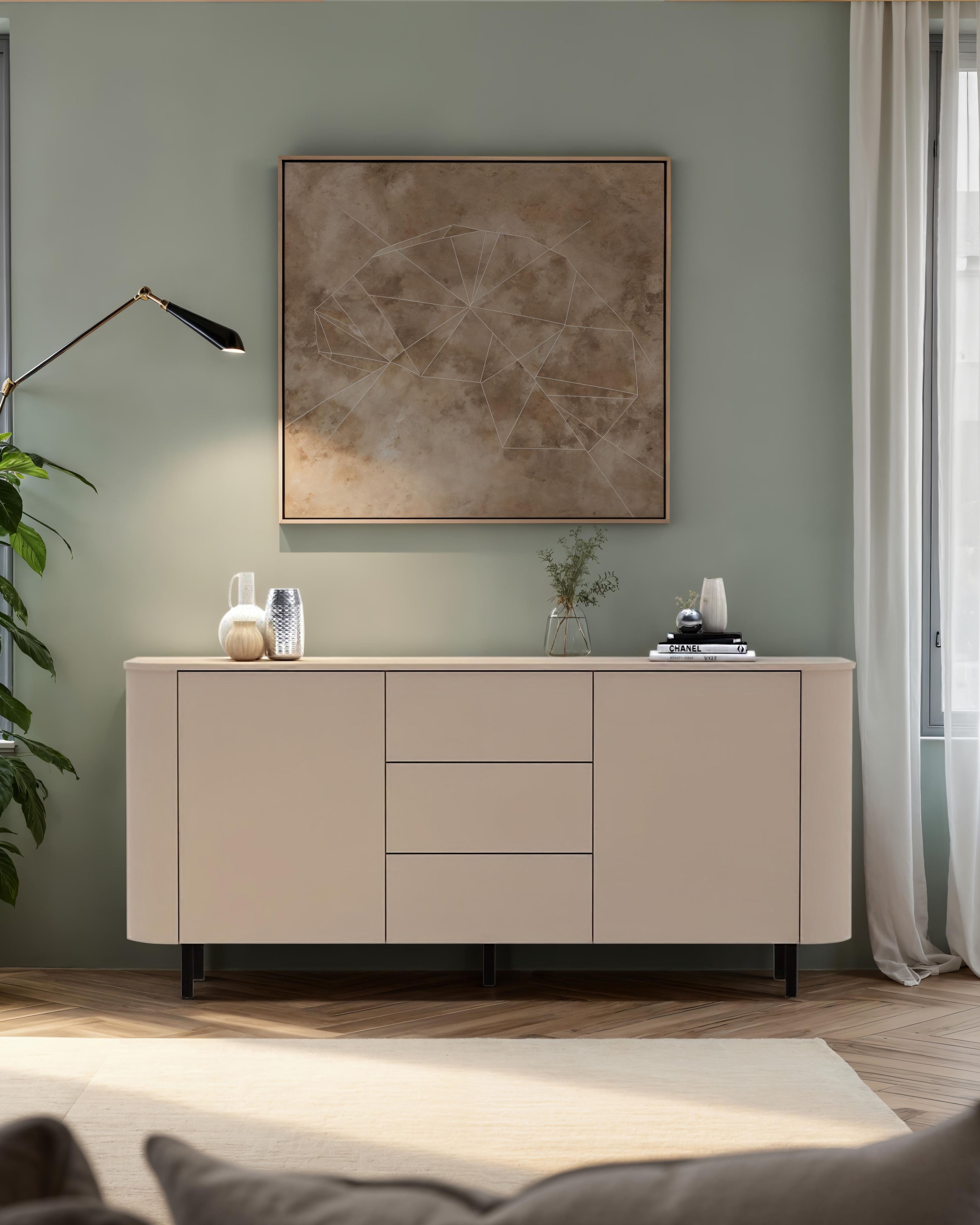 OTTO home Sideboard »Lido, 181 cm breit, 2 Türen, 3 Schubkästen, Kommode, Stauraumschrank« Formgebogenes MDF, Stirnseiten mit Rundung, Push-to-open, Metallfüße