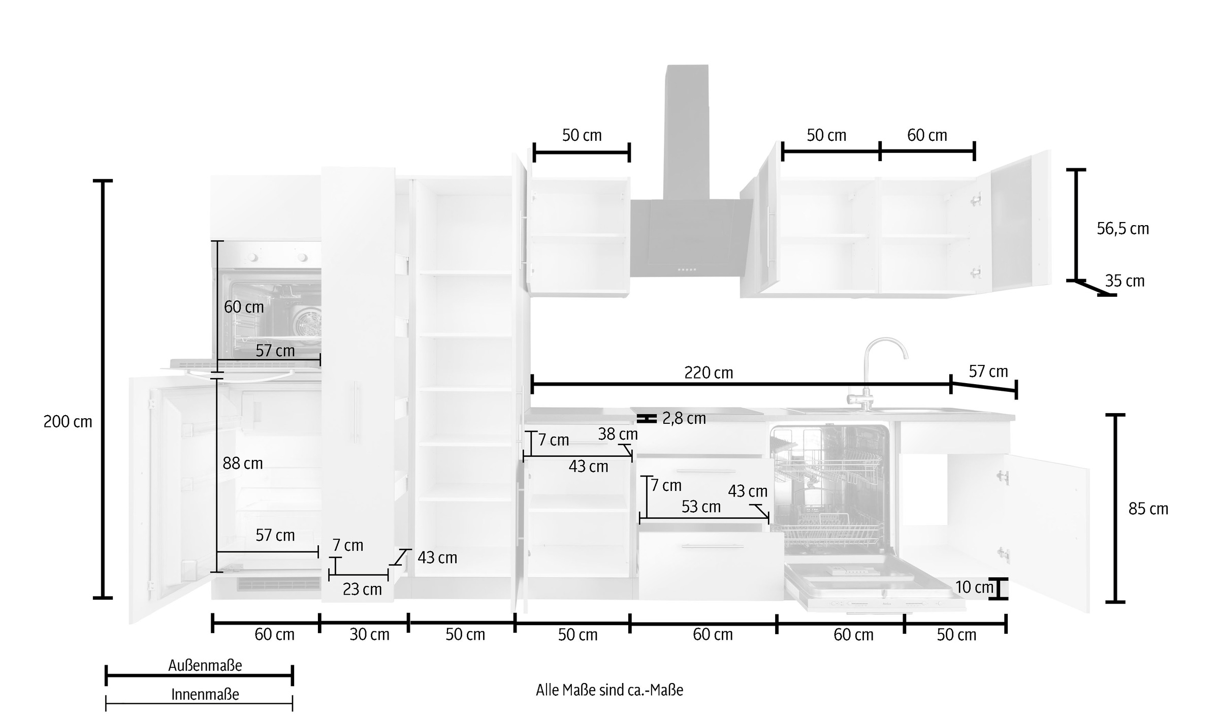 wiho Küchen Küchenzeile »Cali«, mit E-Geräten, Breite 360 cm