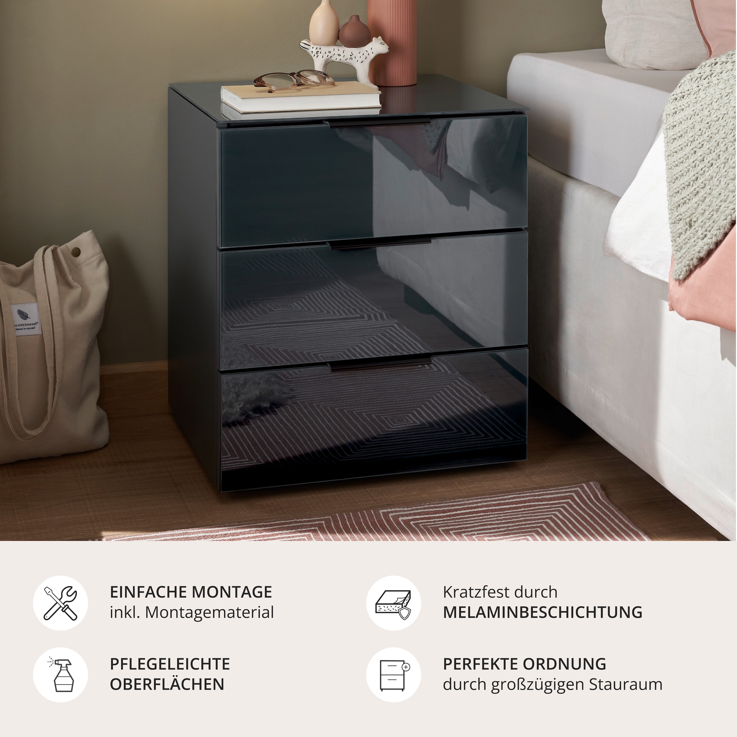 Schlafkontor Nachtkommode »Pari Nachtkonsole, Nachtschrank, Nachttisch« mit 3 Schubkastenfronten aus Glas