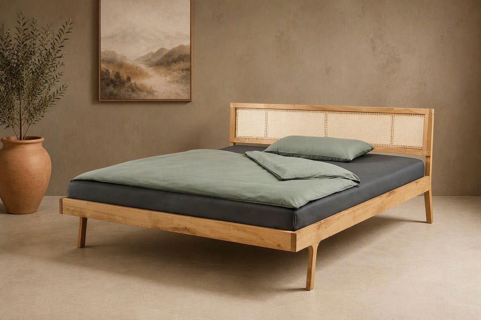 OTTO home Massivholzbett »Hällevik, Kopfteil höhenverstellbar, Eiche massiv, mit Wiener Geflecht« skandinavischer Stil, Made in EU, FSC®-zertifiziert, sehr stabil