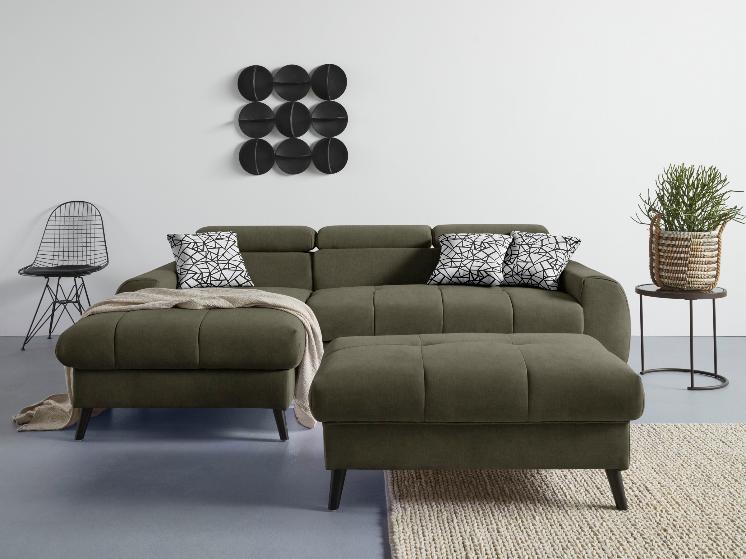 COTTA Ecksofa »Mia L-Form mit 3 Zierkissen«, wahlweise mit Bettfunktion, Bettkasten, Beleuchtung & Wireless-Charger