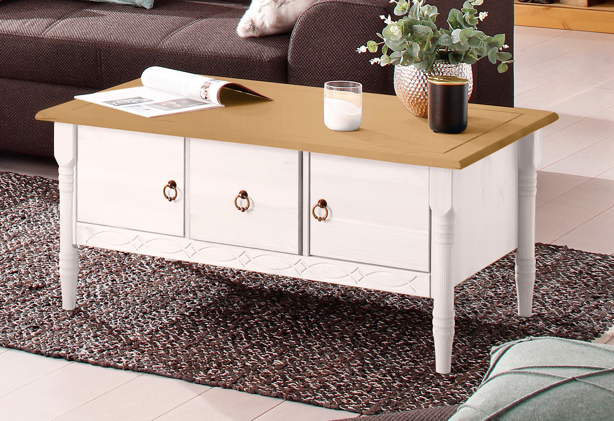 Home affaire Couchtisch »Indra«, aus massiver Kiefer, FSC®, mit Stauraum, dezentes Ornament