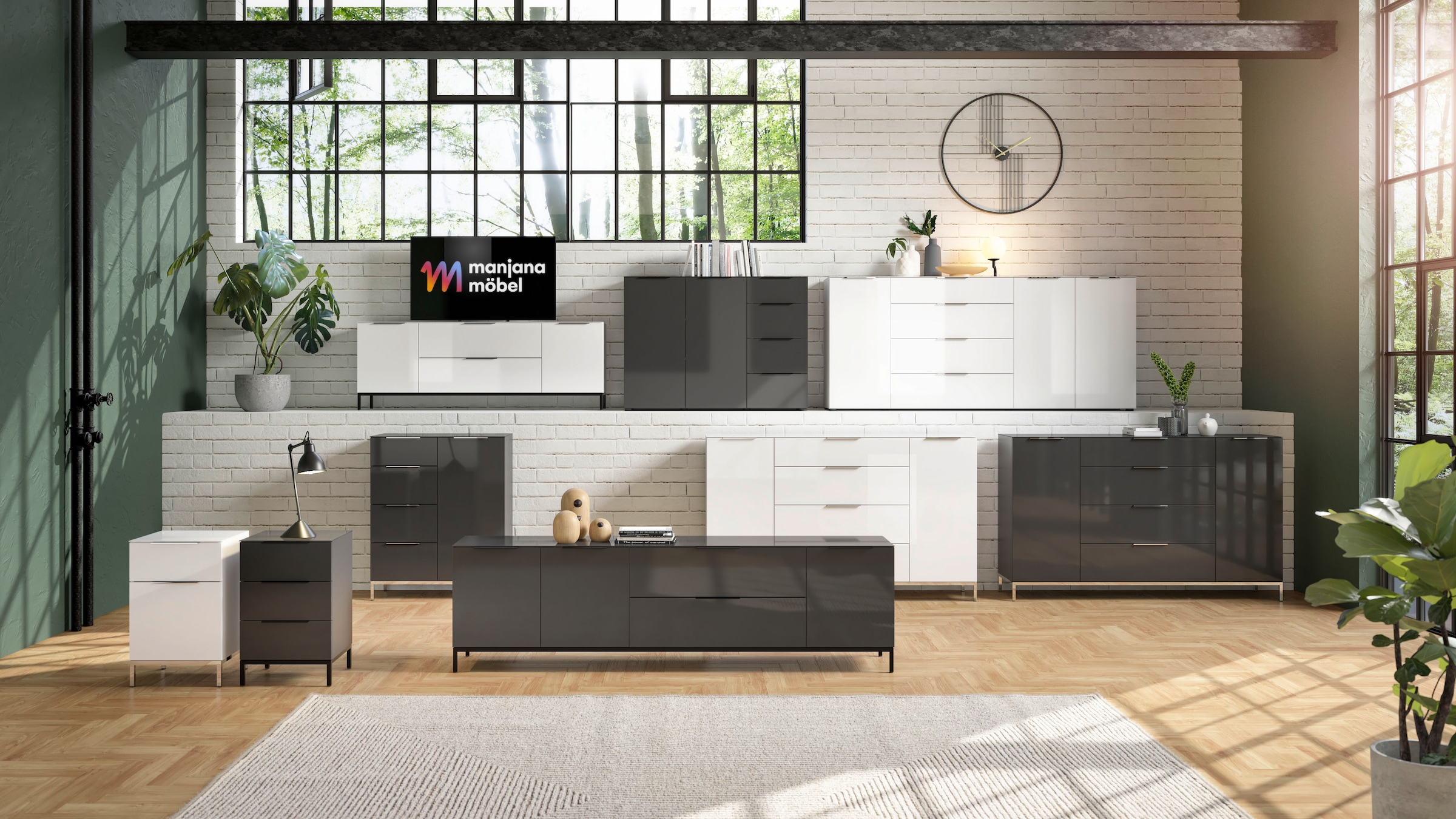 Manjana Möbel Sideboard »Style« mit Glasfronten, mit Metallgriffen, melaminbeschichtet