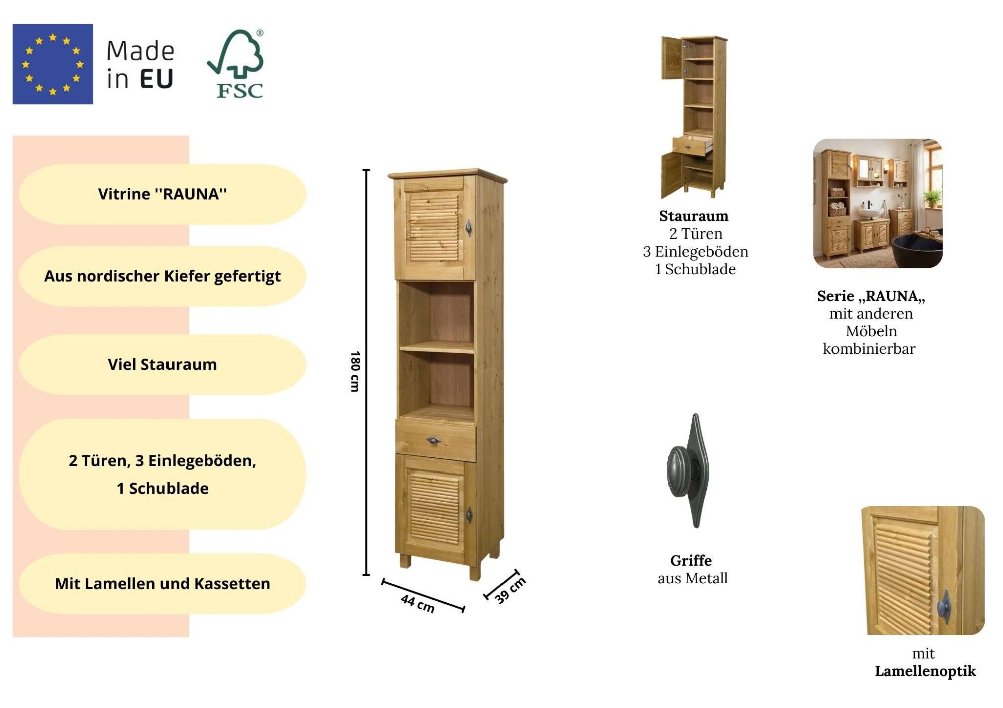 OTTO home Hochschrank »Rauna« aus massiver Kiefer, Breite 44 cm, Rillenoptik, made in EU
