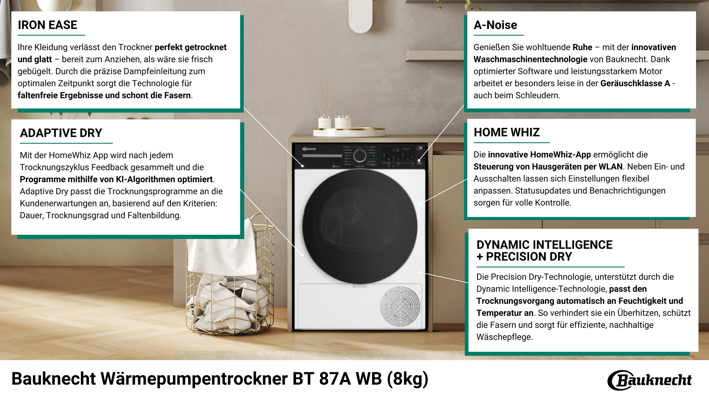 BAUKNECHT Wärmepumpentrockner »BT 87A WB«, Adaptive Dry – optimiert Programme mit KI-Algorithmen