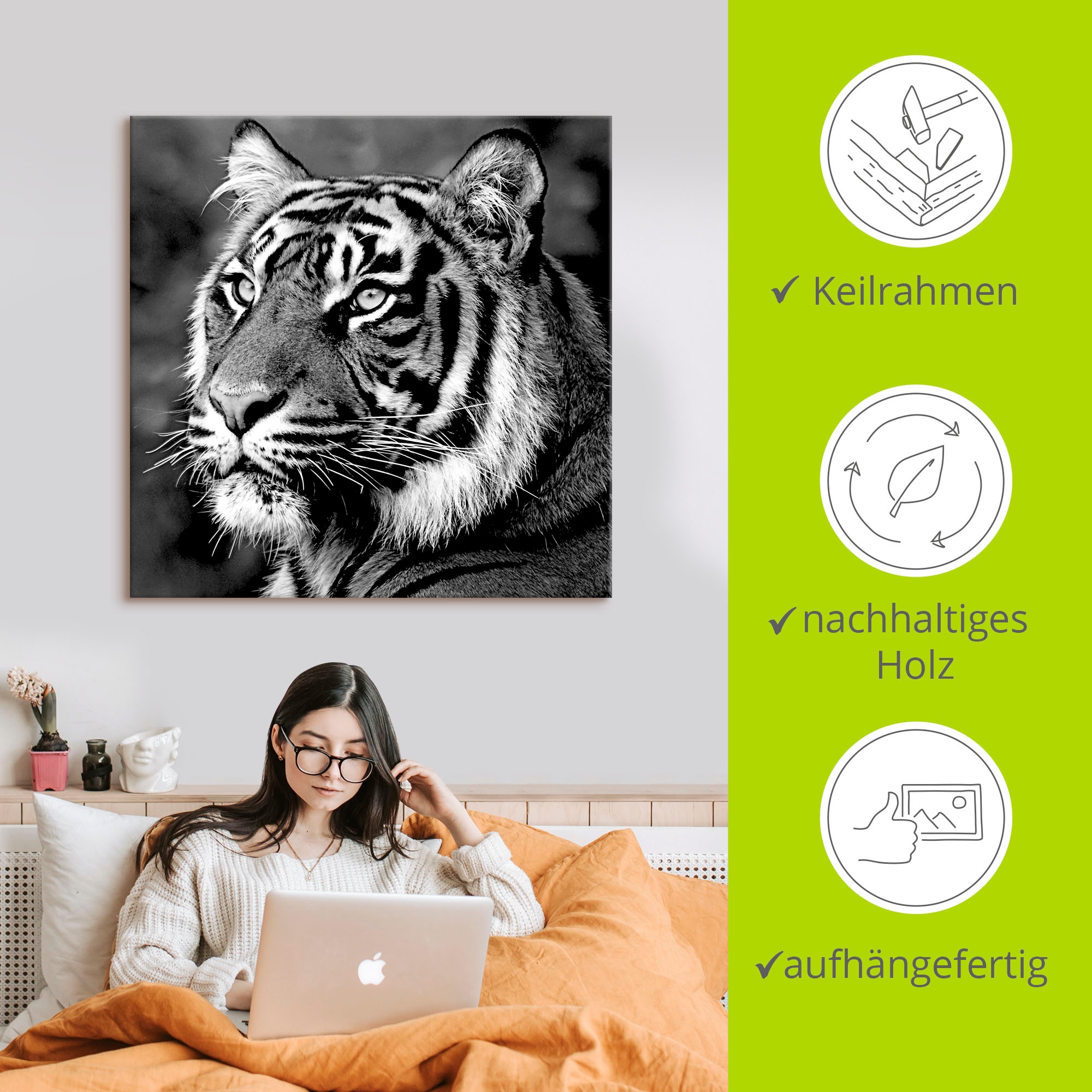 Artland Leinwandbild »Tiger« Wildtiere 1 Stk. tlg. auf Holzrahmen gespannt