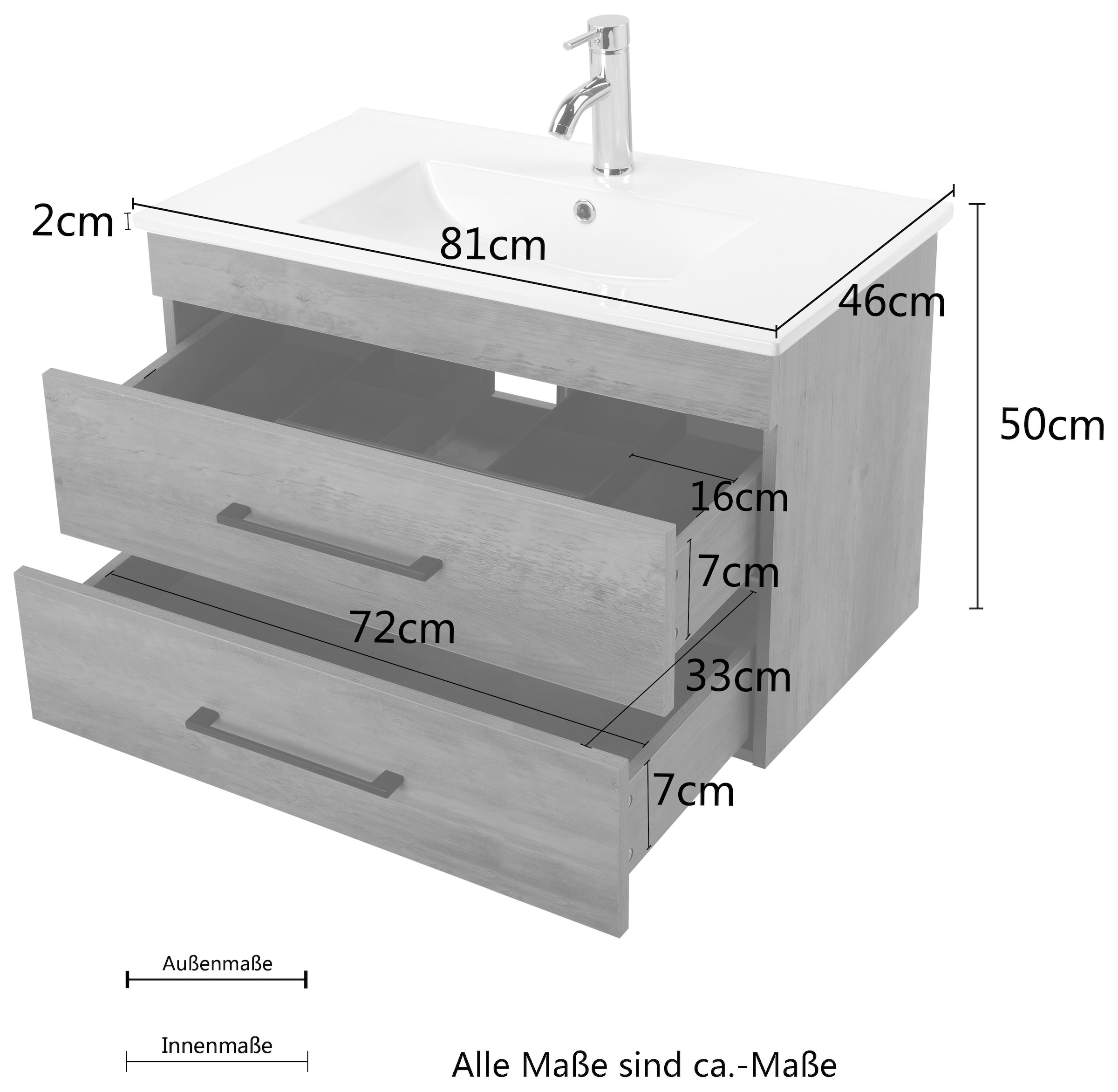 welltime Waschtisch »Florenz Badmöbel Badschrank mit Waschbecken«, Waschplatz mit 2 Auszügen und Softclose Breite 80cm