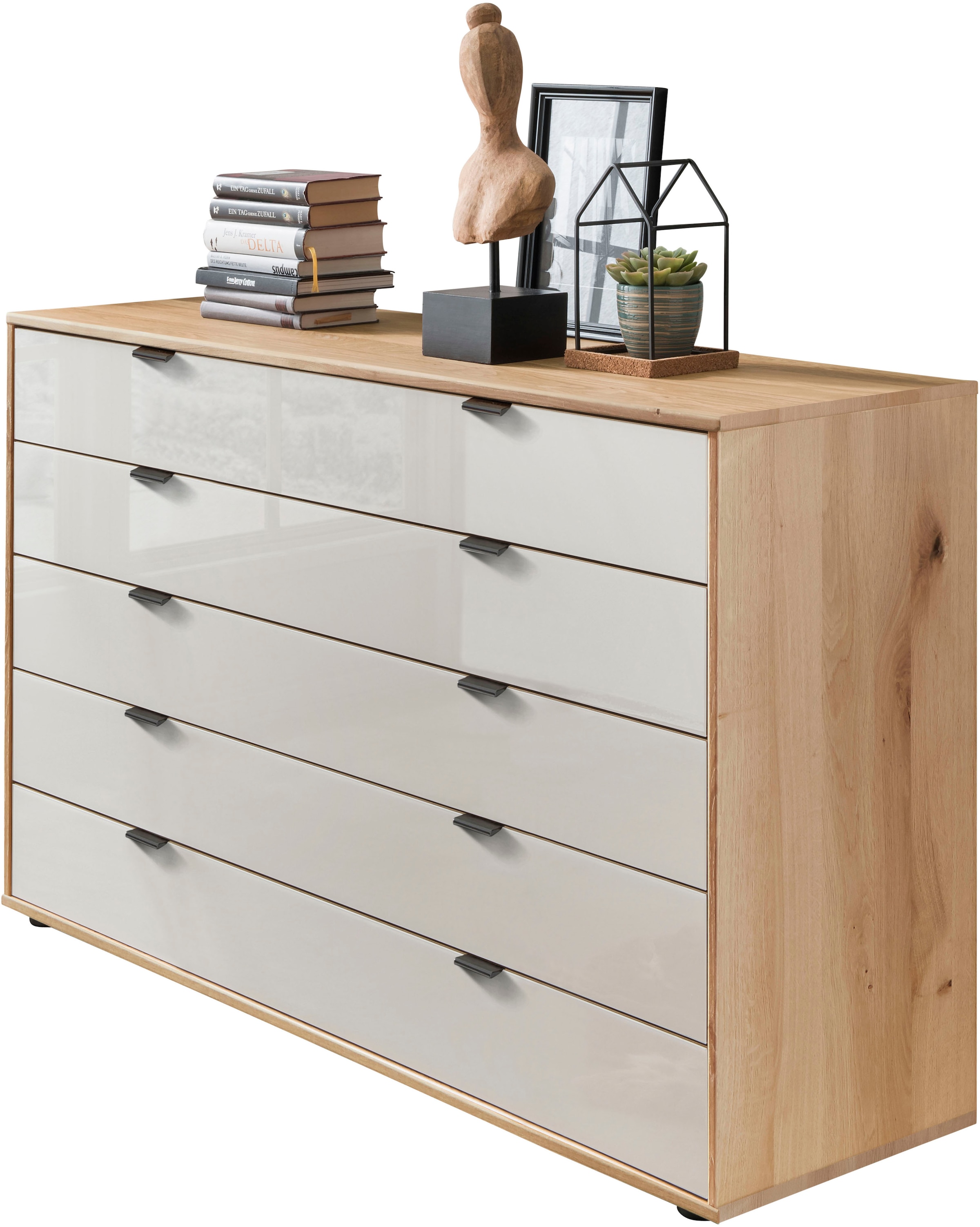 WIEMANN Schubkastenkommode "Cardiff Sideboard, Wäscheschrank, teilmassiv Bianco-Eiche, Schubladen" Glas- oder Massivholzfront, verschiedene Breiten, MADE IN GERMANY, Schubkästen inklusive Selbsteinzug und Dämpfung