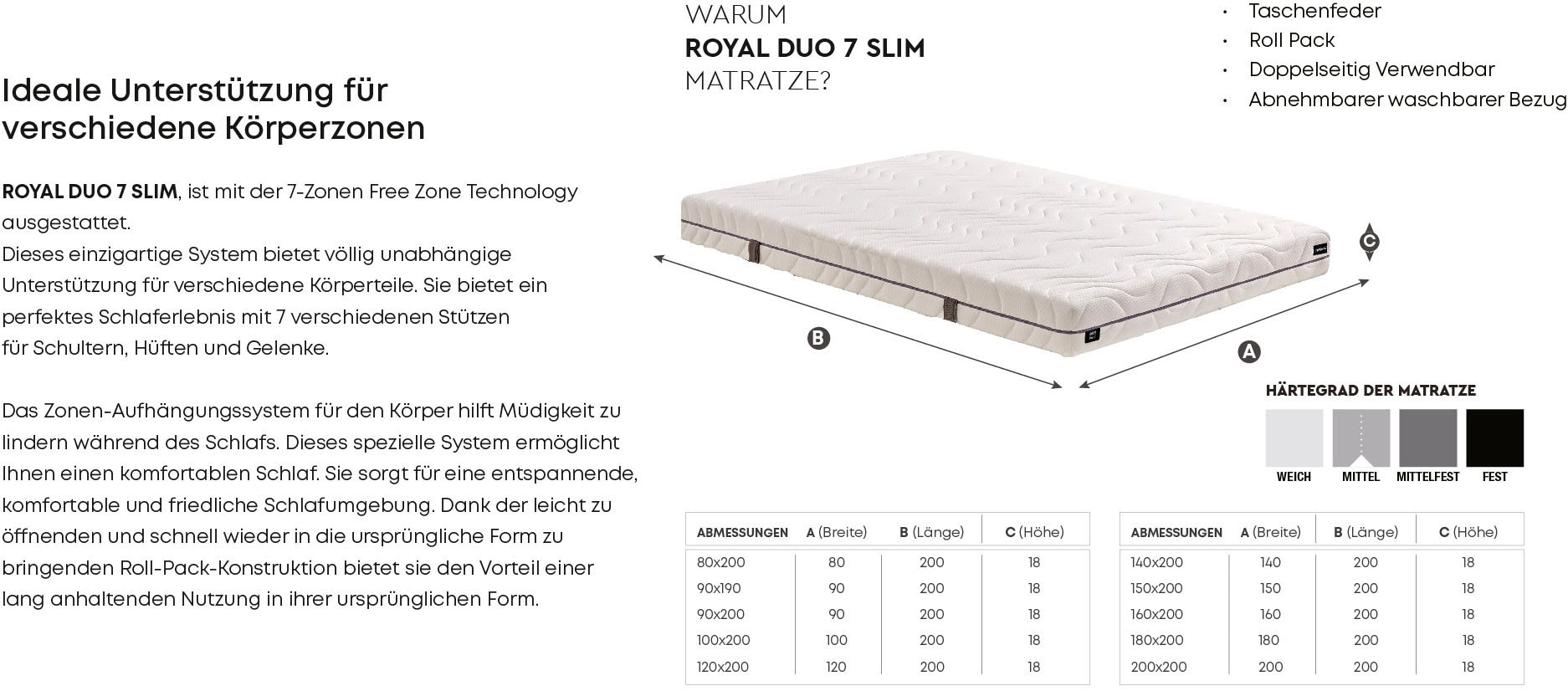 Yatas Bedding Taschenfederkernmatratze »Royal Duo 7 Slim«, 18 cm hoch, Raumgewicht: 28 kg/m³, 434 Federn, (1 St., 1-tlg.)