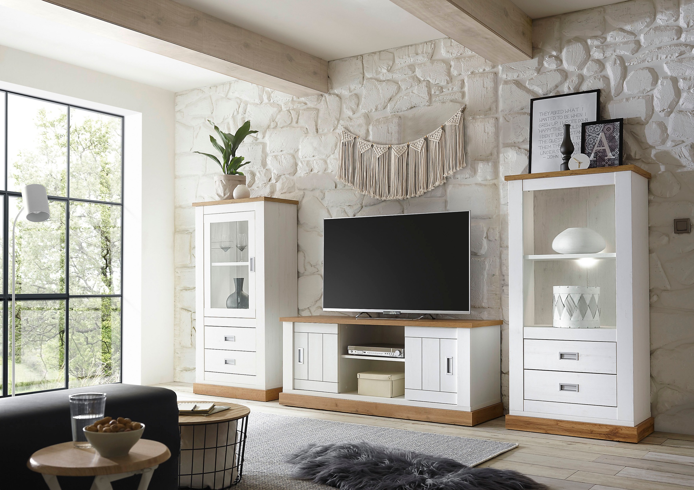 Home affaire Wohnwand »Orlando, moderne Anbauwand, Komplettset im Landhausstil«, (3 St., 1 Standregal. 1 Lowboard, 1 Vitrine), enthält Regal, Vitrine und Lowboard, 324 cm breit