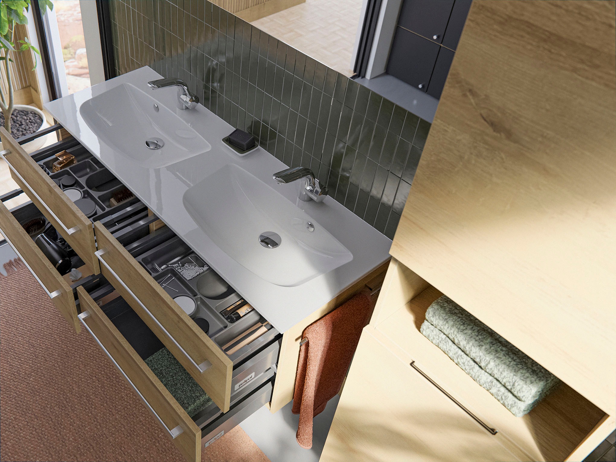 Saphir Waschtisch »Serie 6025 Mineralmarmor-Waschtisch mit Unterschrank, 132 cm breit« 2 Stk. tlg. Doppel-Waschplatz mit 4 Schubladen, hängend, verschiedene Ausführungen
